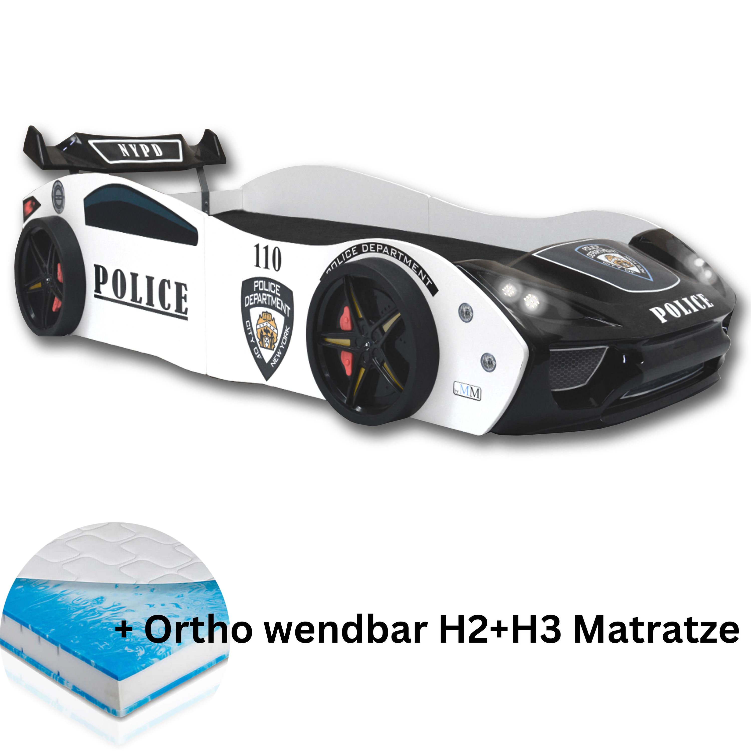 Autobett "Police" Spielbett f&uuml;r Kinder 90x200 inkl. Lattenrost und Ortho wendbar H2+H3 Matratze - Bild 1