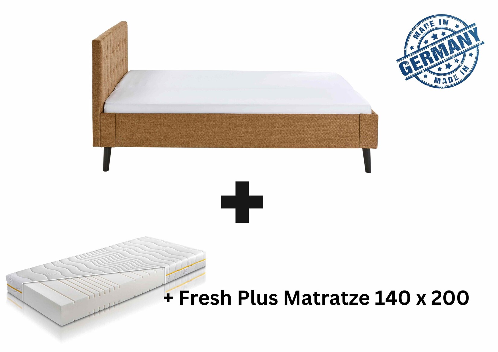 Polsterbett 140 x 200 Amira Bettgestell mit Kopfteil Ocker | 00743194010188