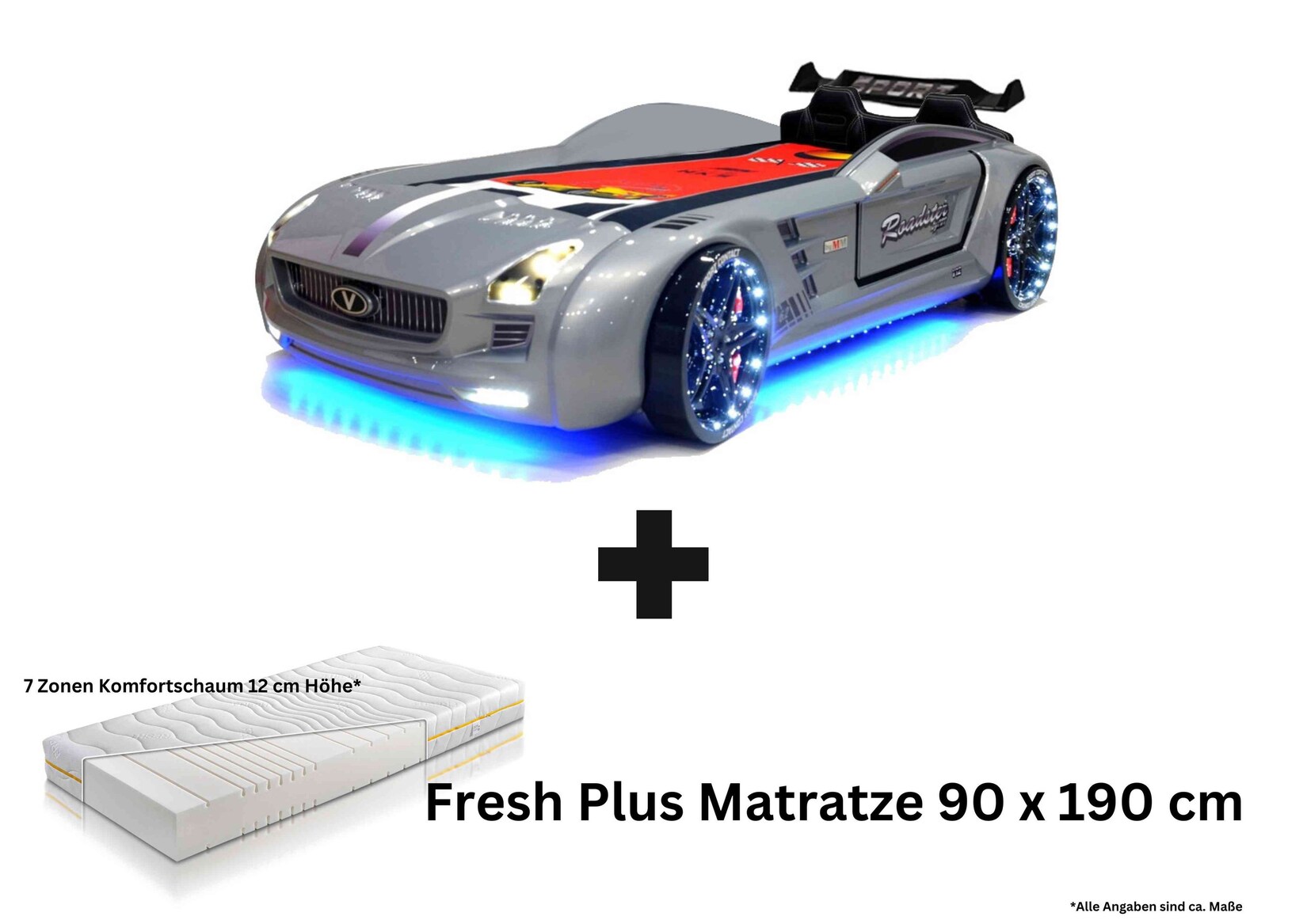 Autobett Kinderbett „Rio Roadster“ LED Sound Sportsitze Lattenrost Spoiler 90×190 cm | 00743194010379