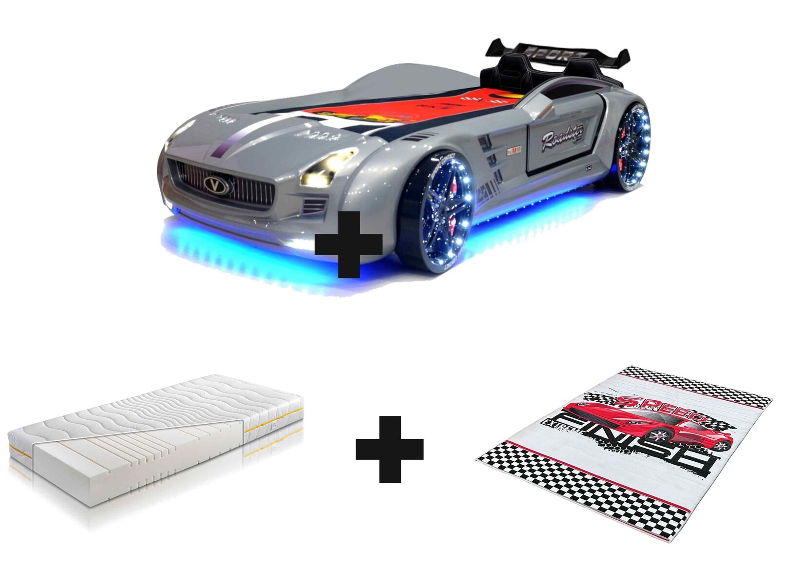Autobett Kinderbett „Rio Roadster“ LED Sound Sportsitze Lattenrost Spoiler 90×190 cm | 00743194010461