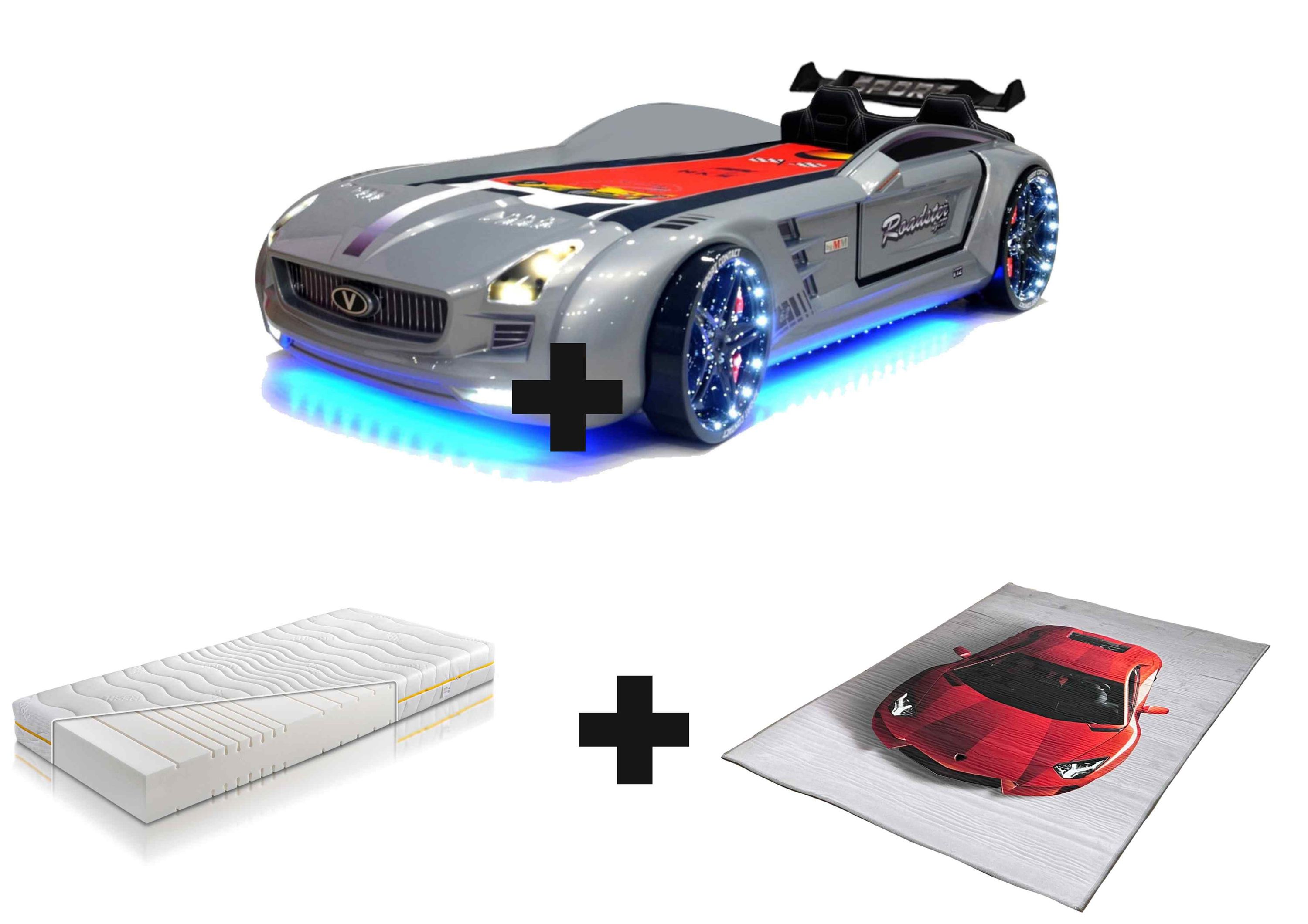 Autobett Kinderbett "Rio Roadster" LED Sound Sportsitze Lattenrost Spoiler 90x190 cm - Bild 1