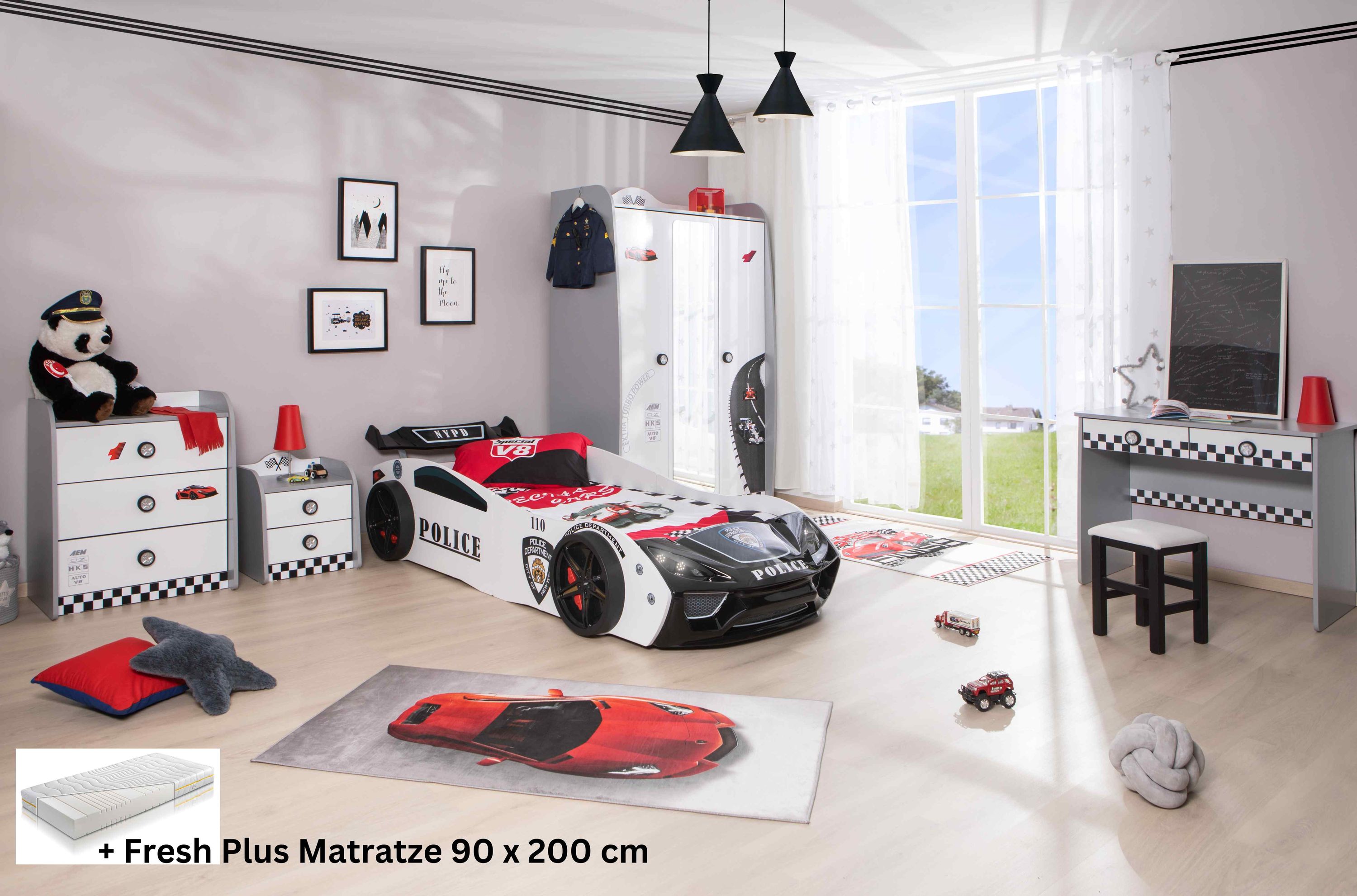 Kinderzimmer Set mit Police Autobett 5 teilig Wei&szlig; - Bild 1