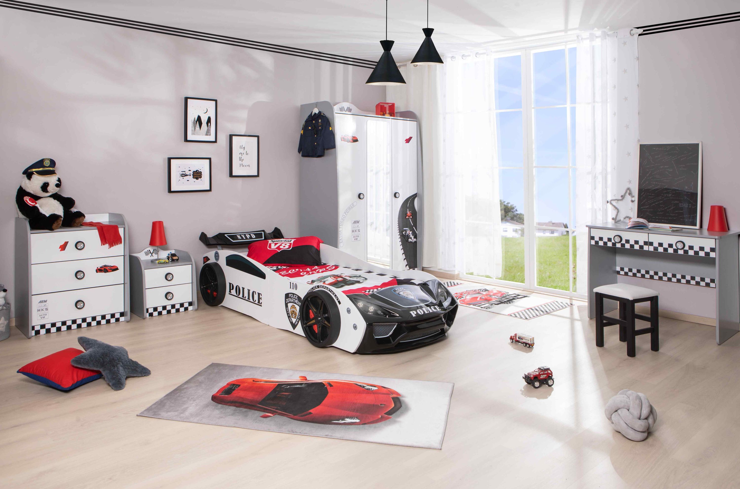 Kinderzimmer Set mit Police Autobett 5 teilig Wei&szlig; - Bild 1