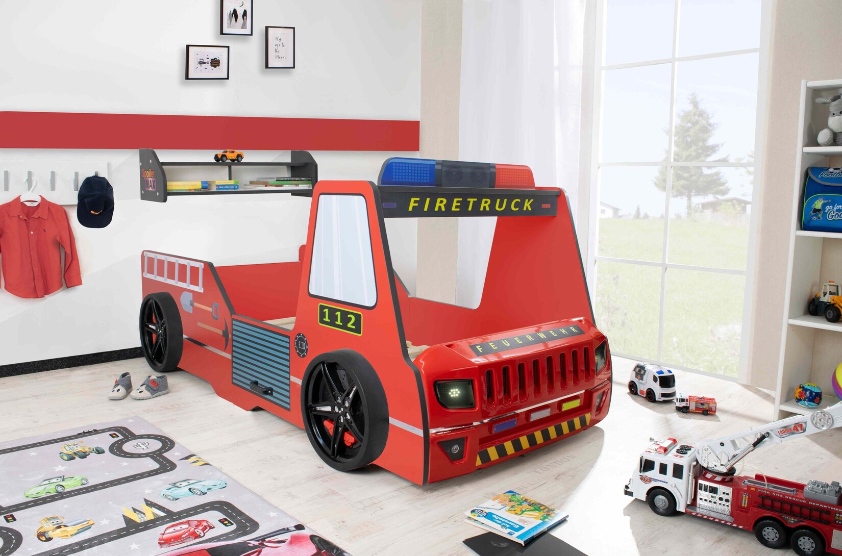 Autobett Kinder 90x200 cm Feuerwehrbett "Rio Firetruck" mit LED-Licht und Sirenenoptik