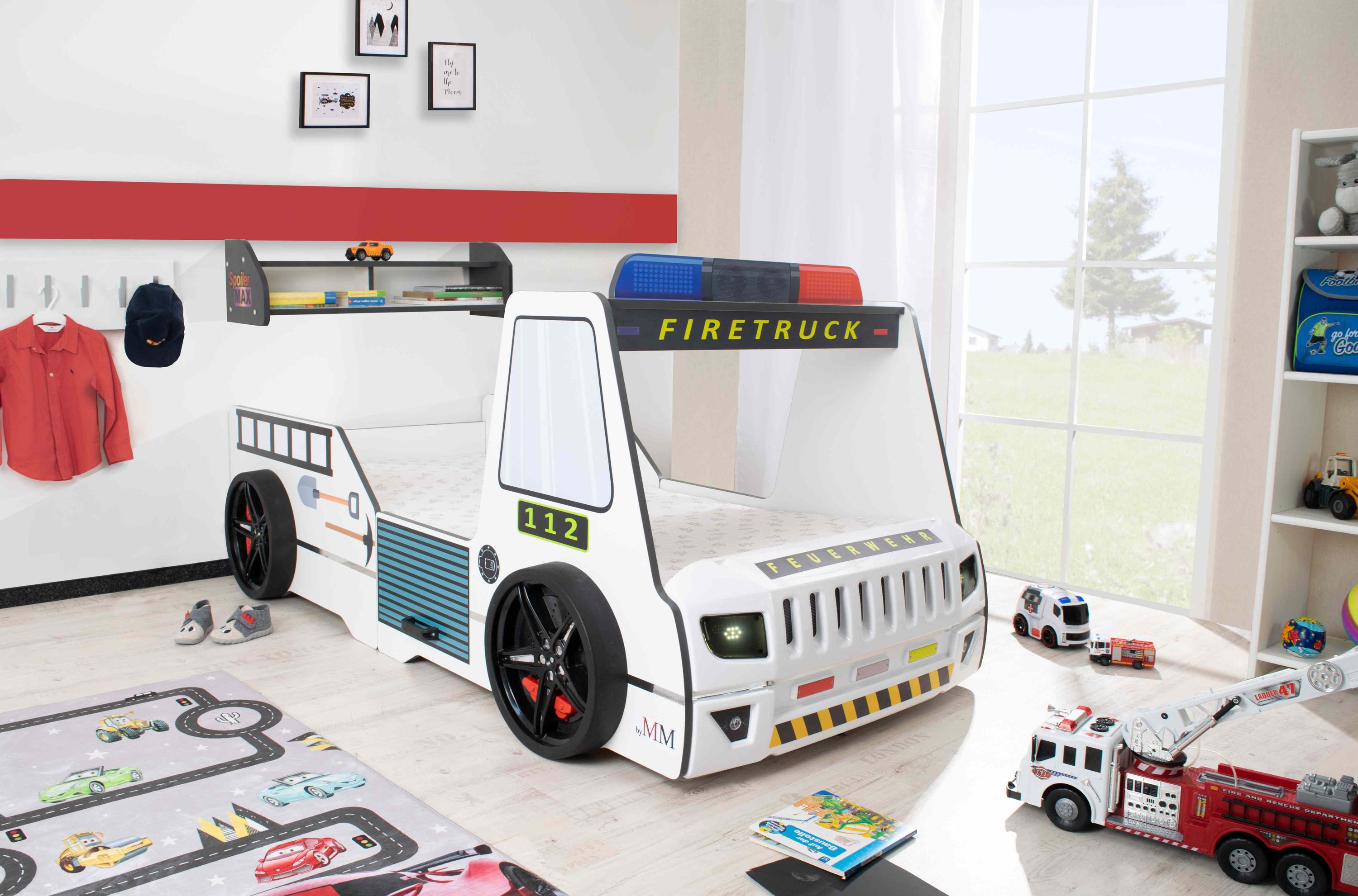 Autobett Kinder 90x200 cm Feuerwehrbett "Rio Firetruck" mit LED-Licht und Sirenenoptik - Bild 1
