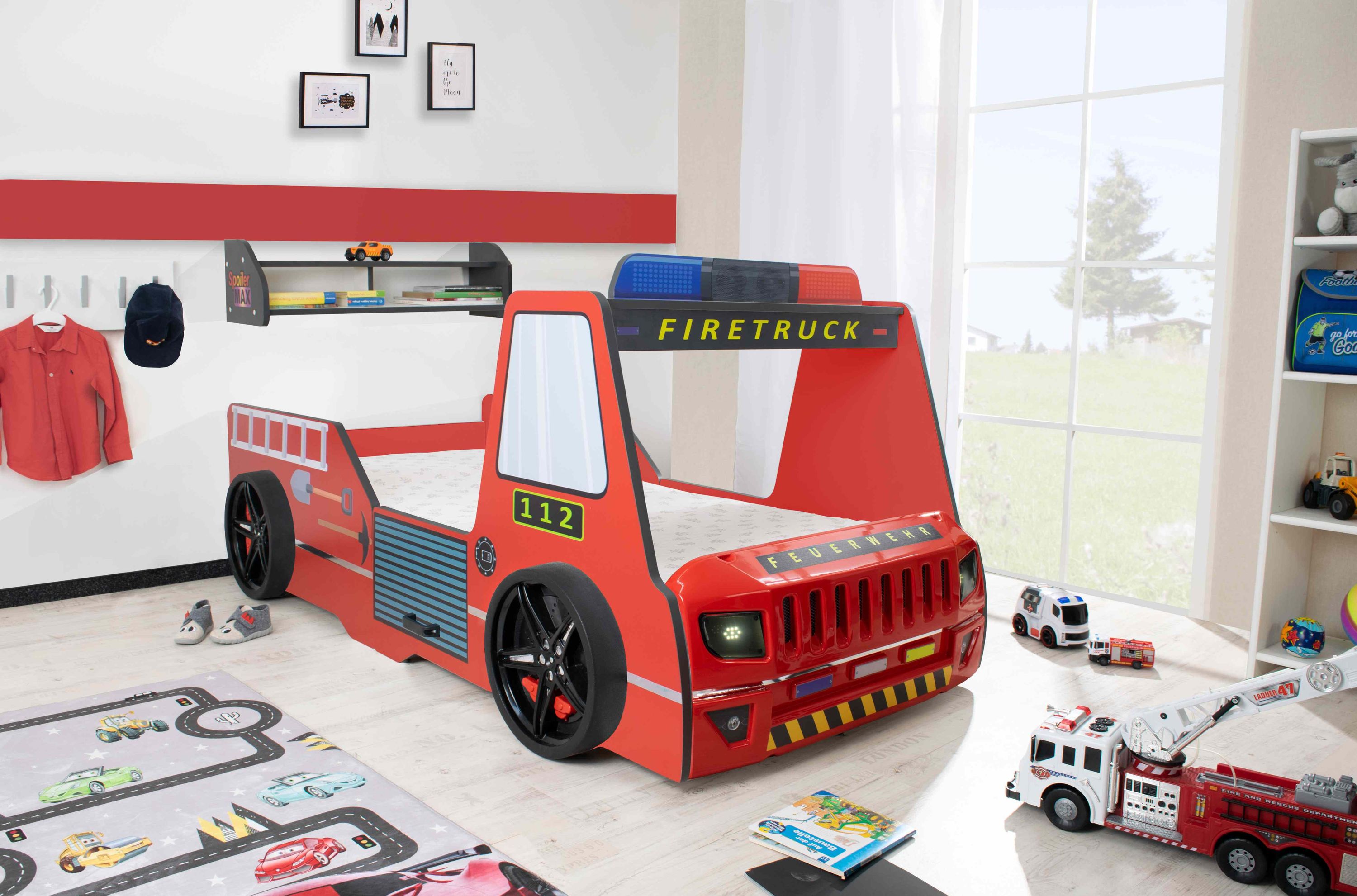 Autobett Kinder 90x200 cm Feuerwehrbett "Rio Firetruck" mit LED-Licht und Sirenenoptik - Bild 1