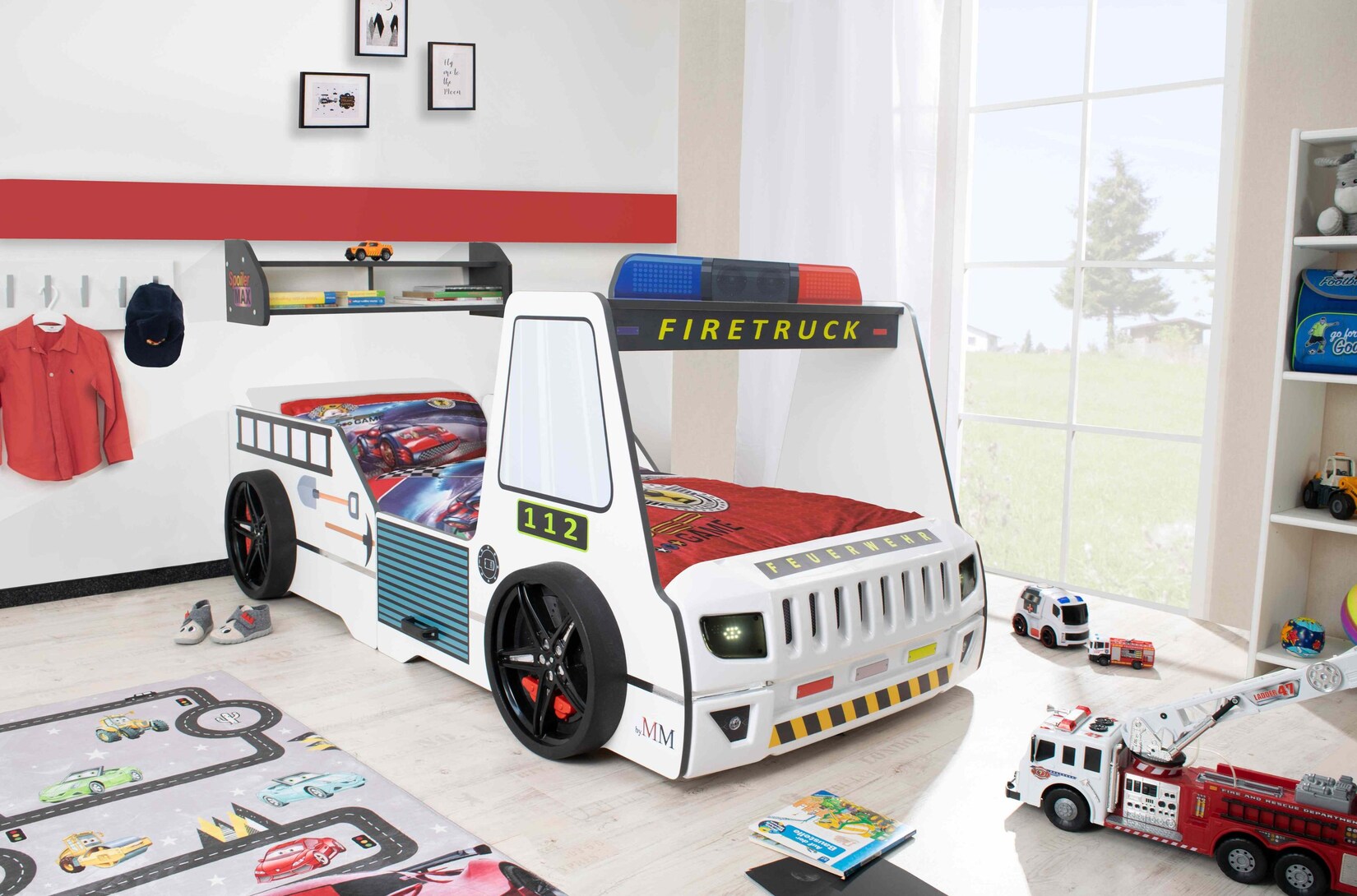 Autobett Kinder 90x200 cm Feuerwehrbett "Rio Firetruck" mit LED-Licht und Sirenenoptik