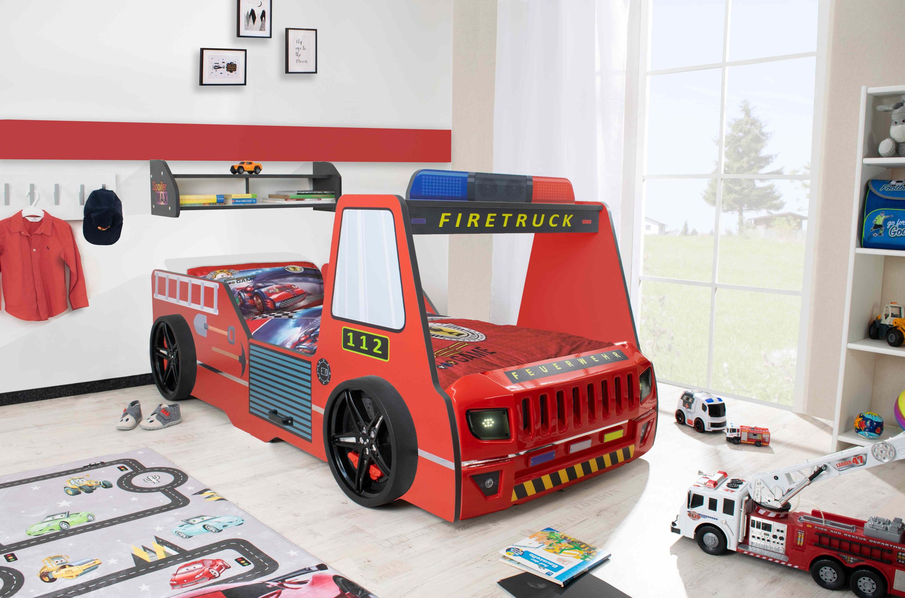 Autobett Kinder 90x200 cm Feuerwehrbett "Rio Firetruck" mit LED-Licht und Sirenenoptik - Bild 1