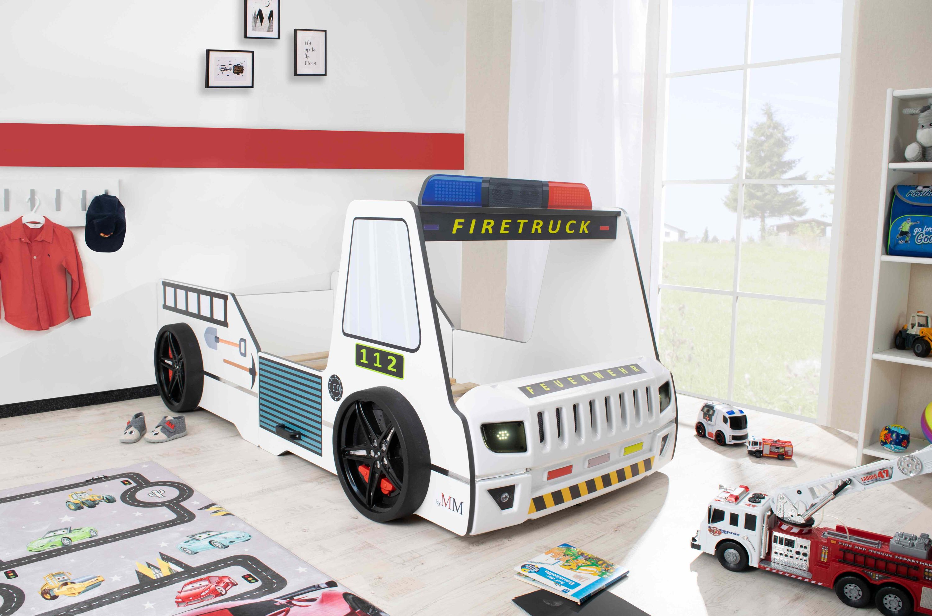 Autobett Kinder 90x200 cm Feuerwehrbett "Rio Firetruck" mit LED-Licht und Sirenenoptik - Bild 1