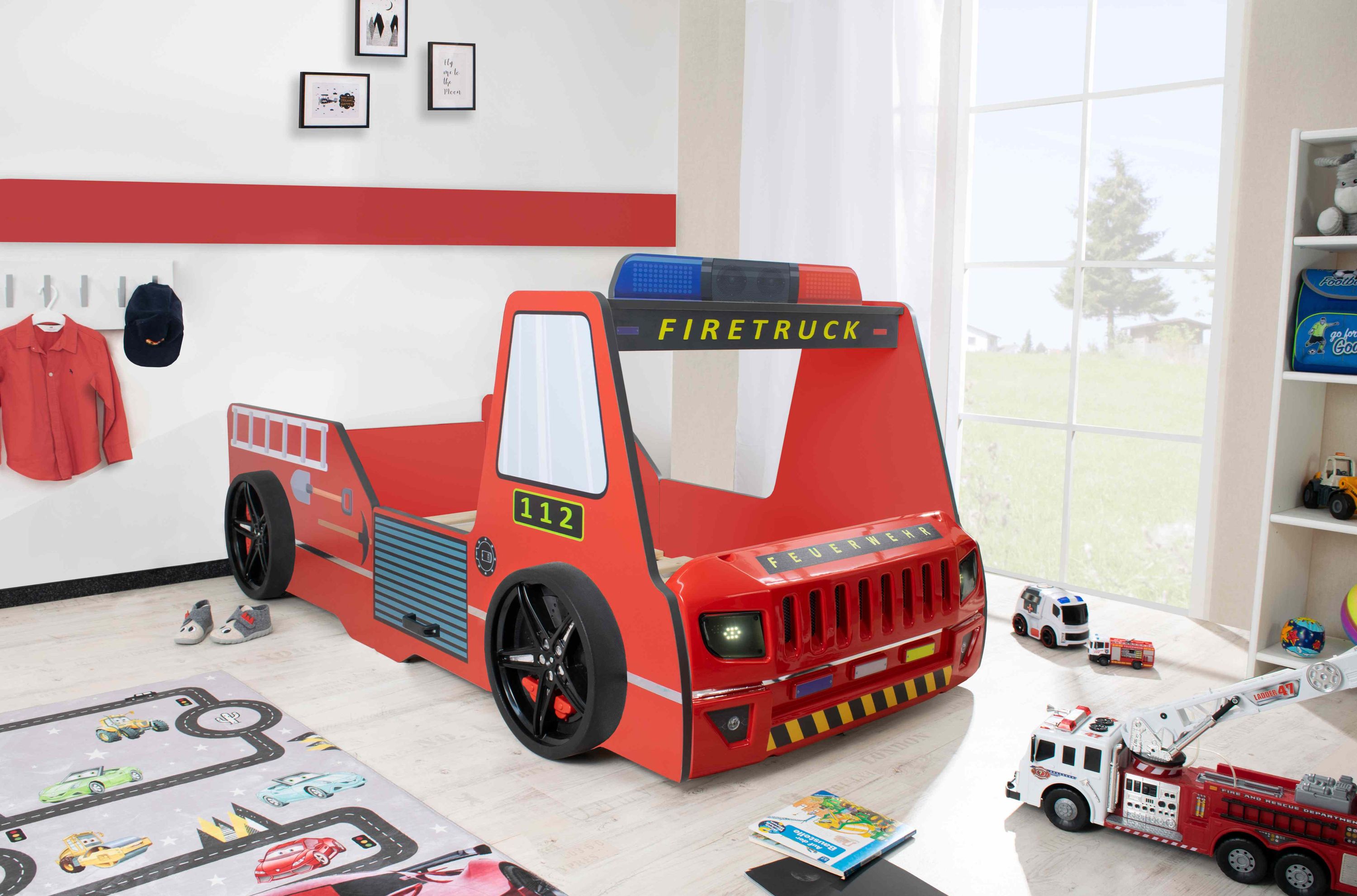 Autobett Kinder 90x200 cm Feuerwehrbett "Rio Firetruck" mit LED-Licht und Sirenenoptik - Bild 1