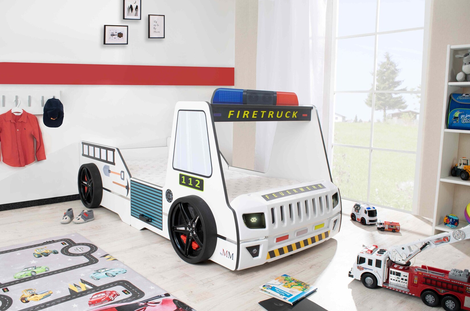 Autobett Kinder 90x200 cm Feuerwehrbett "Rio Firetruck" mit LED-Licht und Sirenenoptik