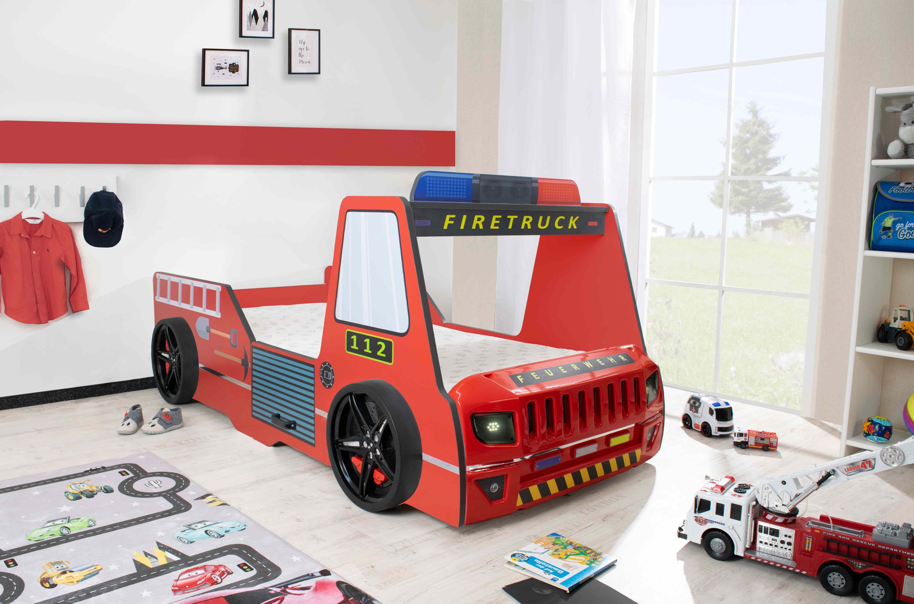 Autobett Kinder 90x200 cm Feuerwehrbett "Rio Firetruck" mit LED-Licht und Sirenenoptik - Bild 1