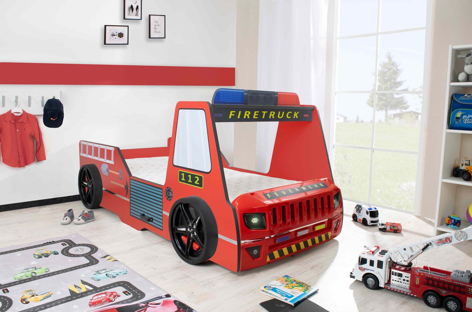 Autobett Kinder 90x200 cm Feuerwehrbett "Rio Firetruck" mit LED-Licht und Sirenenoptik