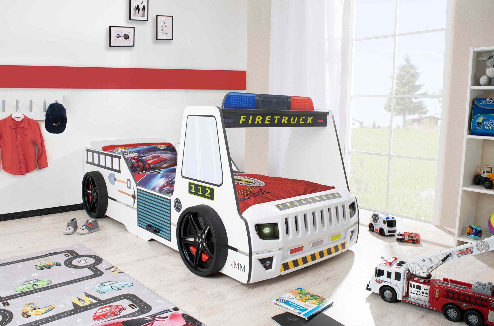 Autobett Kinder 90x200 cm Feuerwehrbett "Rio Firetruck" mit LED-Licht und Sirenenoptik