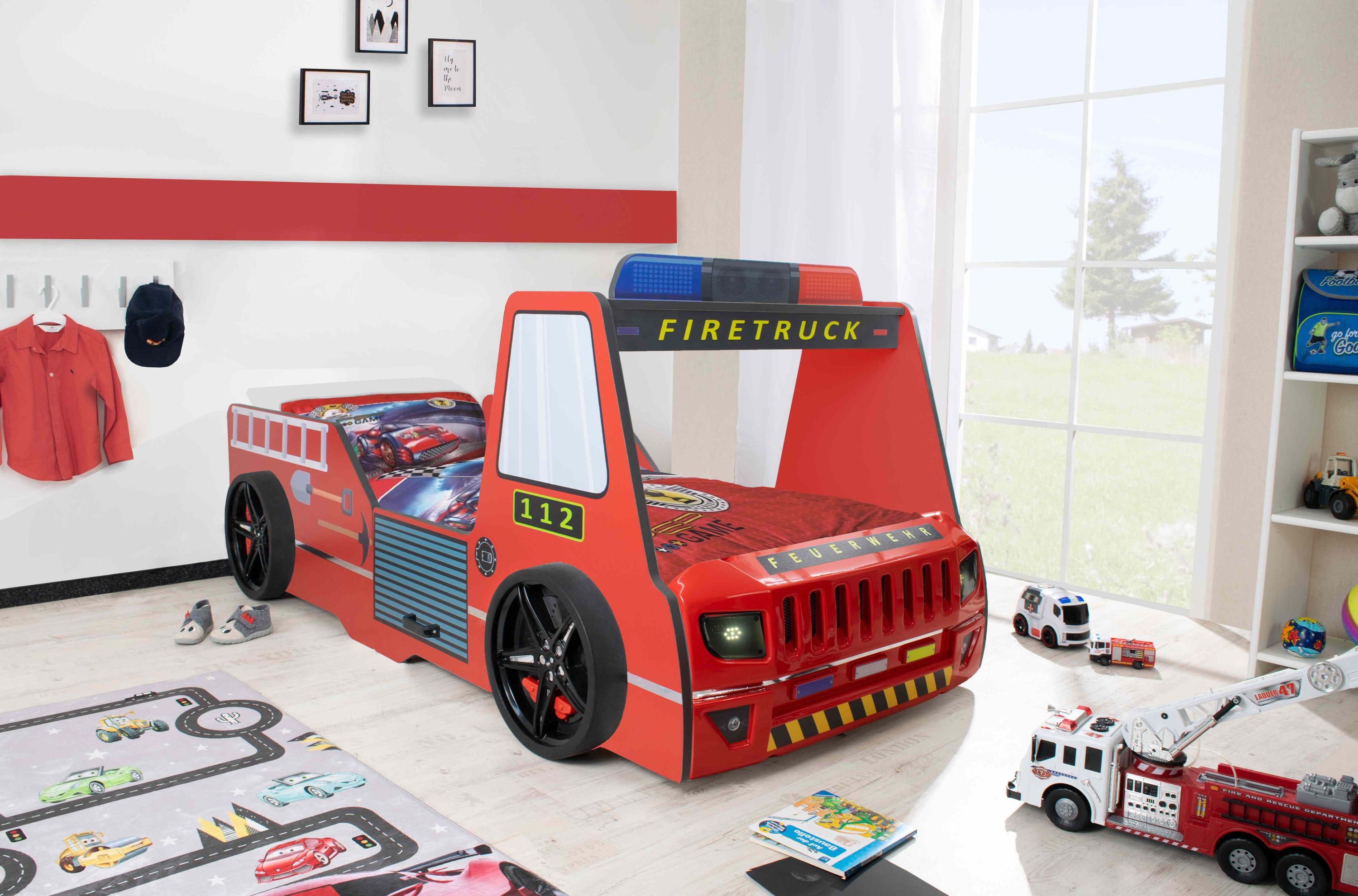 Autobett Kinder 90x200 cm Feuerwehrbett "Rio Firetruck" mit LED-Licht und Sirenenoptik - Bild 1