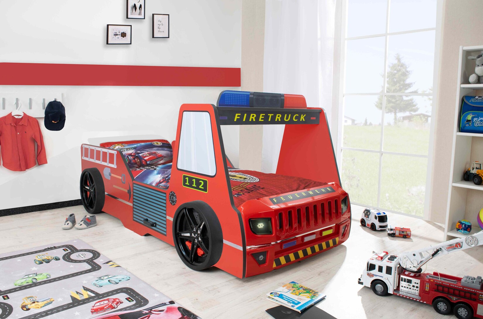 Autobett Kinder 90x200 cm Feuerwehrbett "Rio Firetruck" mit LED-Licht und Sirenenoptik