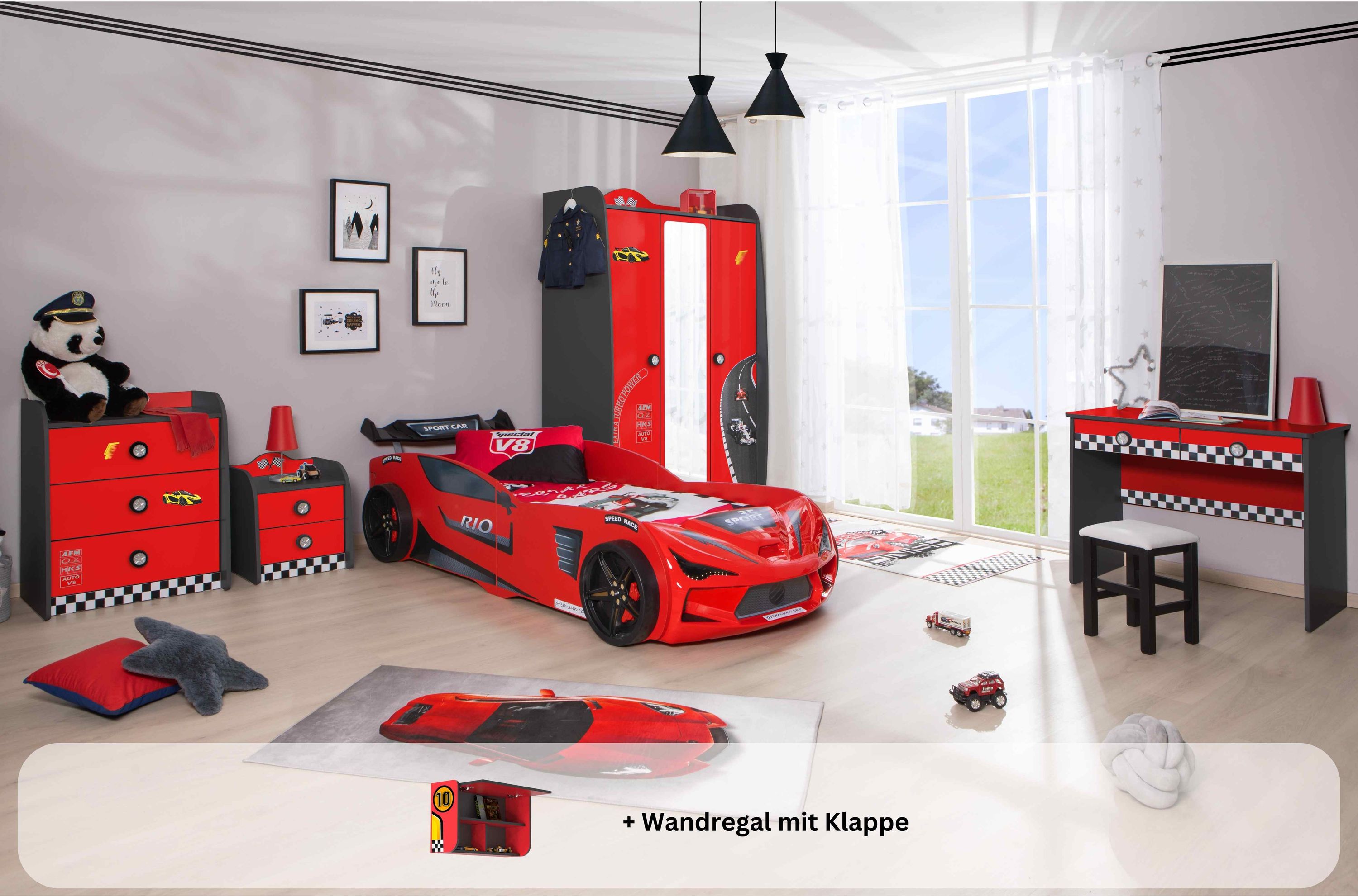 Kinderzimmer komplett Set Autobett Rio 5 teilig Rot - Bild 1