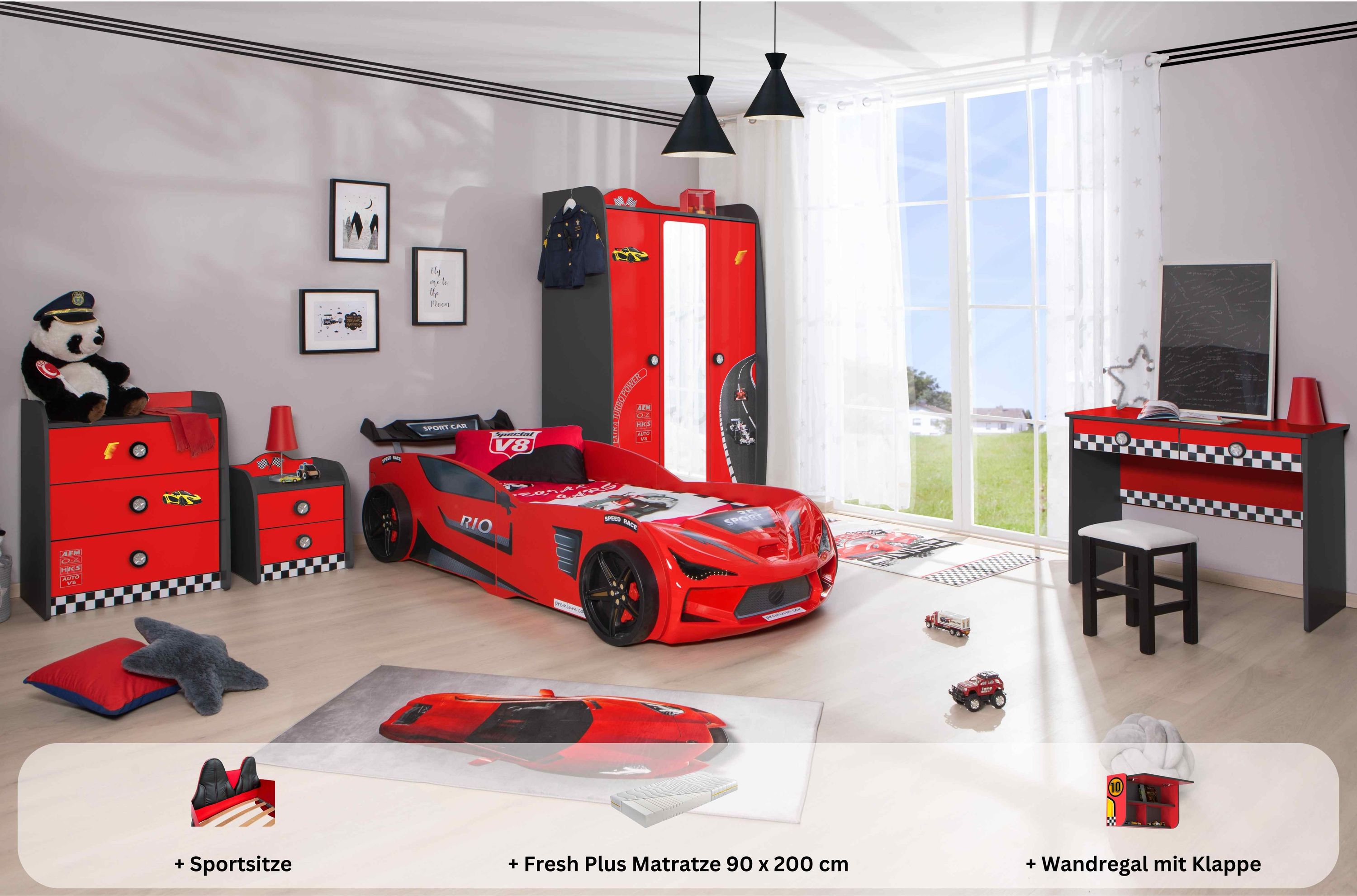 Kinderzimmer komplett Set Autobett Rio 5 teilig Rot - Bild 1