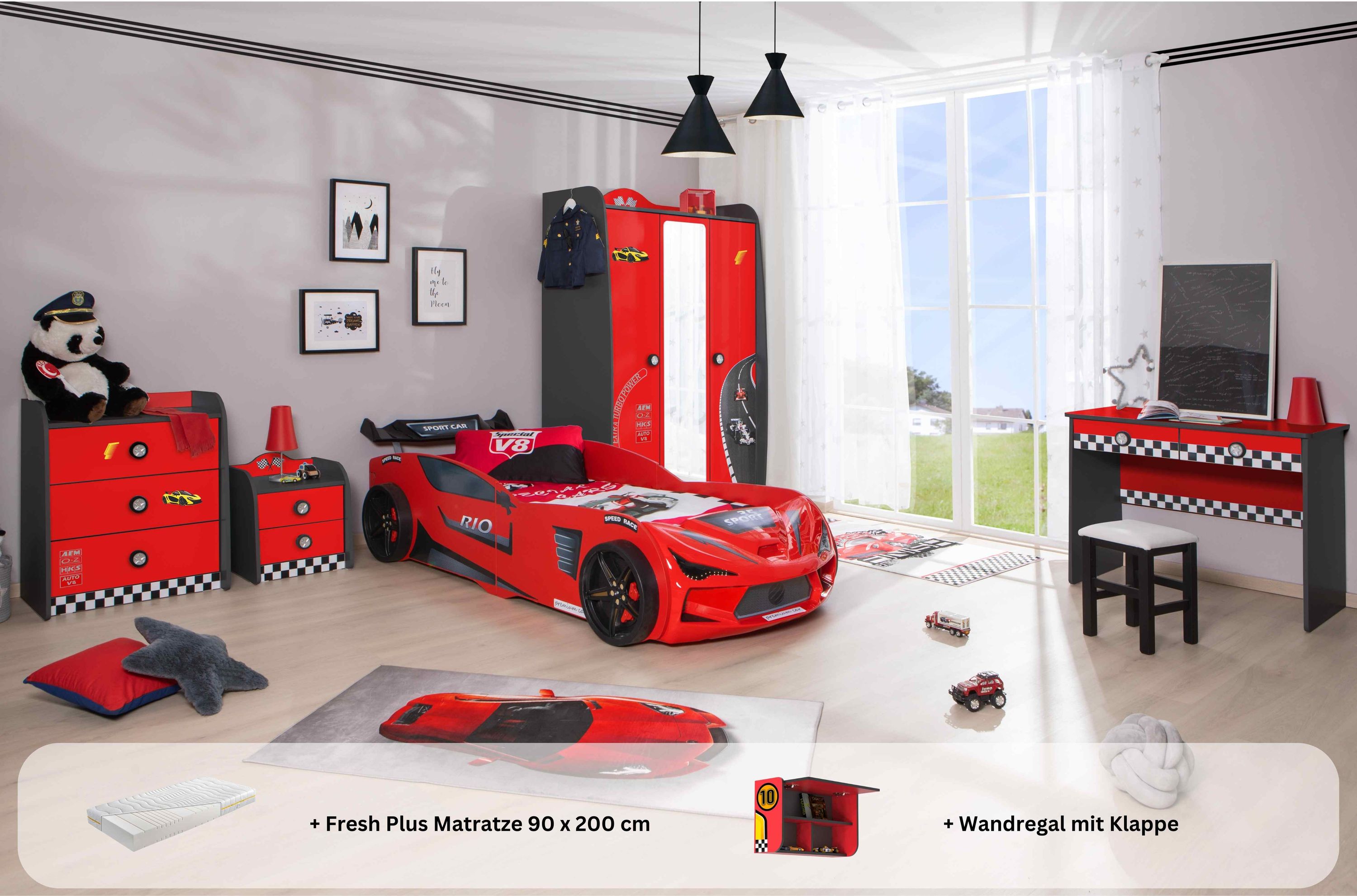 Kinderzimmer komplett Set Autobett Rio 5 teilig Rot - Bild 1
