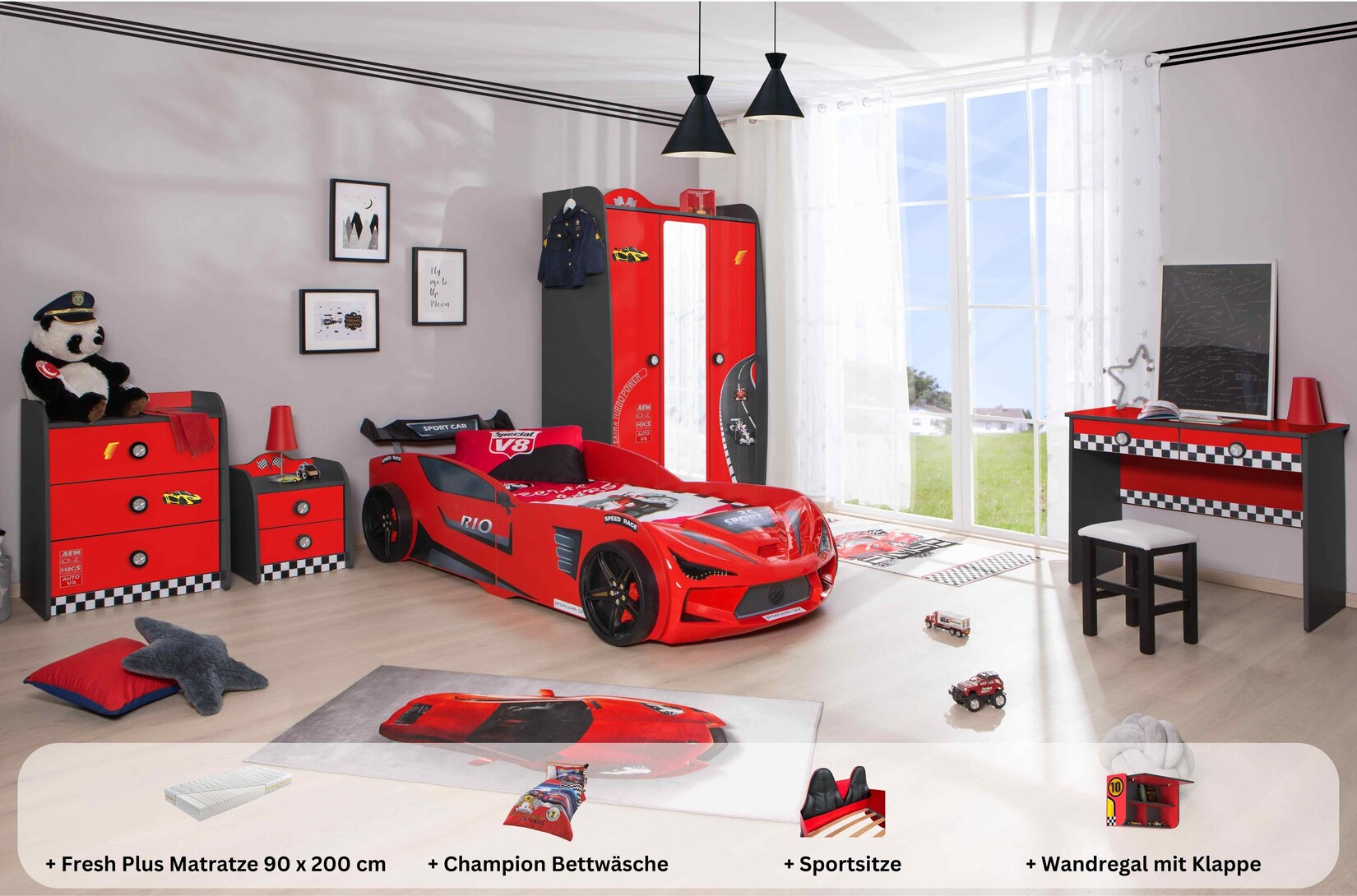 Kinderzimmer komplett Set Autobett Rio 5 teilig Rot