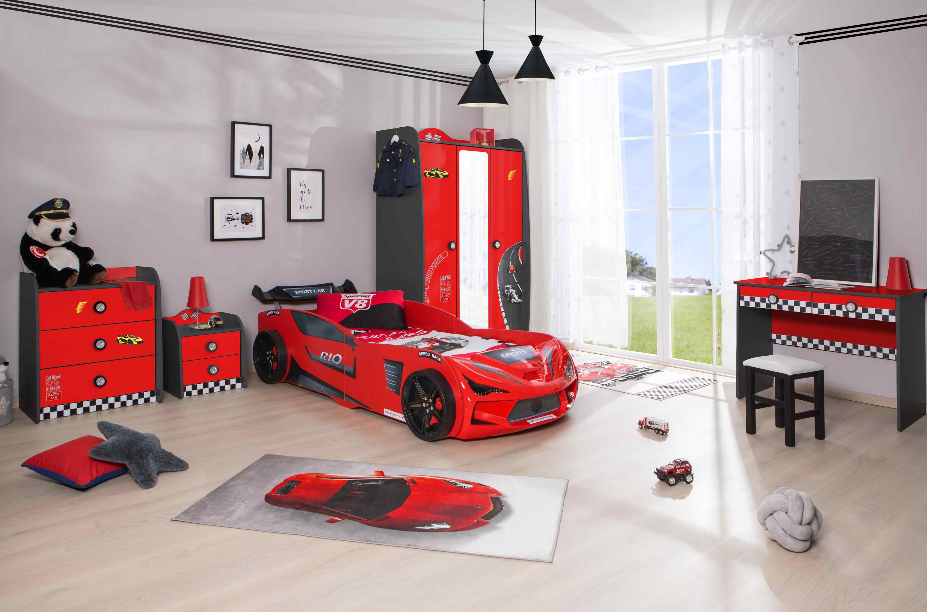 Kinderzimmer komplett Set Autobett Rio 5 teilig Rot - Bild 1