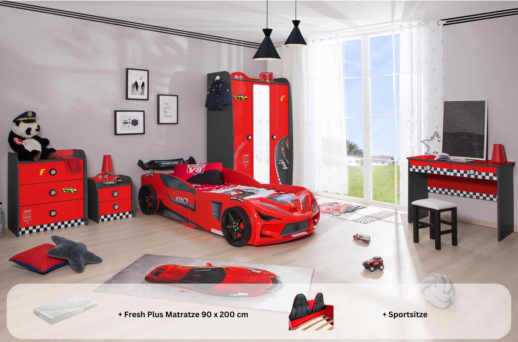 Kinderzimmer komplett Set Autobett Rio 5 teilig Rot