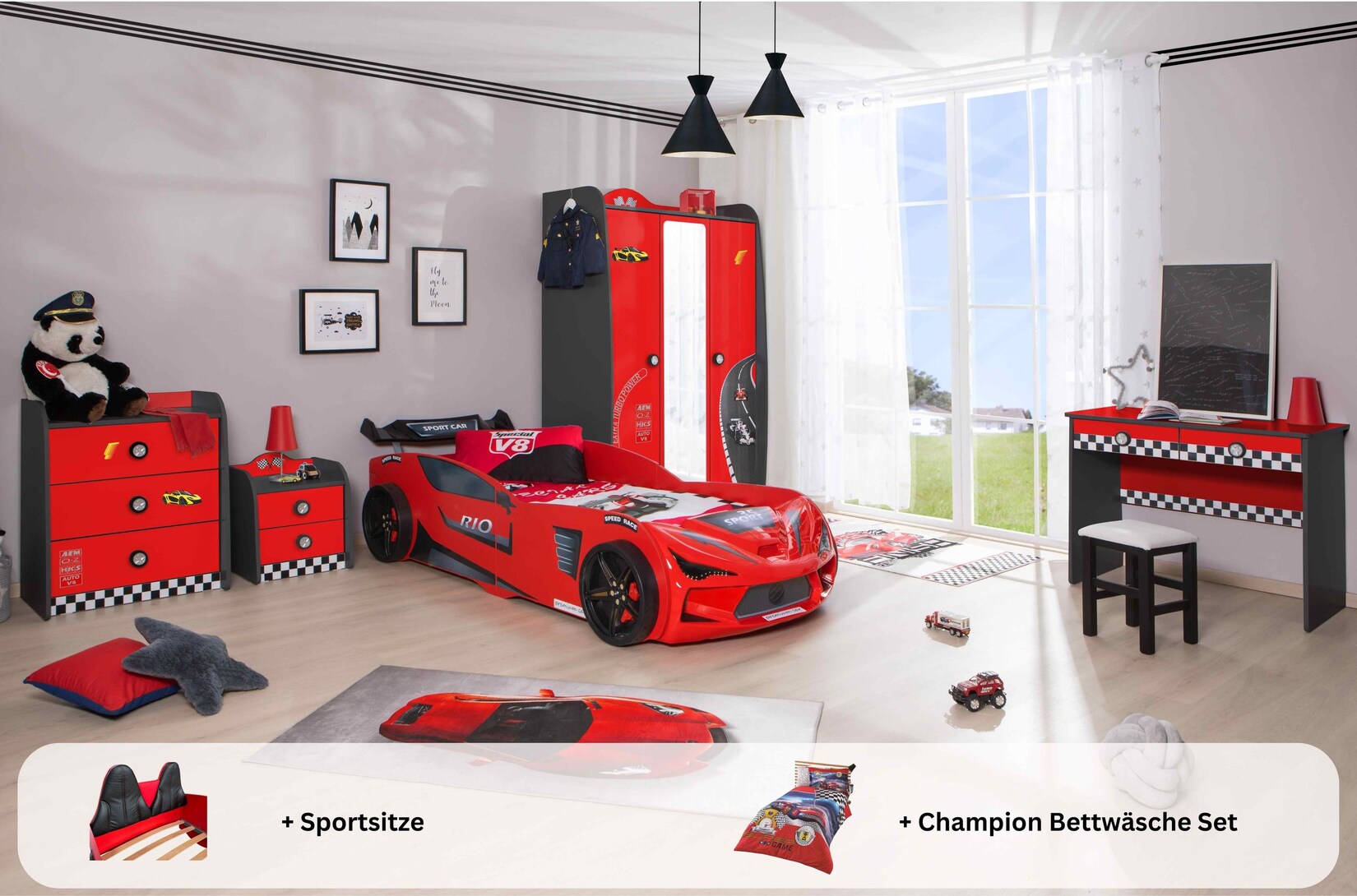 Kinderzimmer komplett Set Autobett Rio 5 teilig Rot | 00743194010959