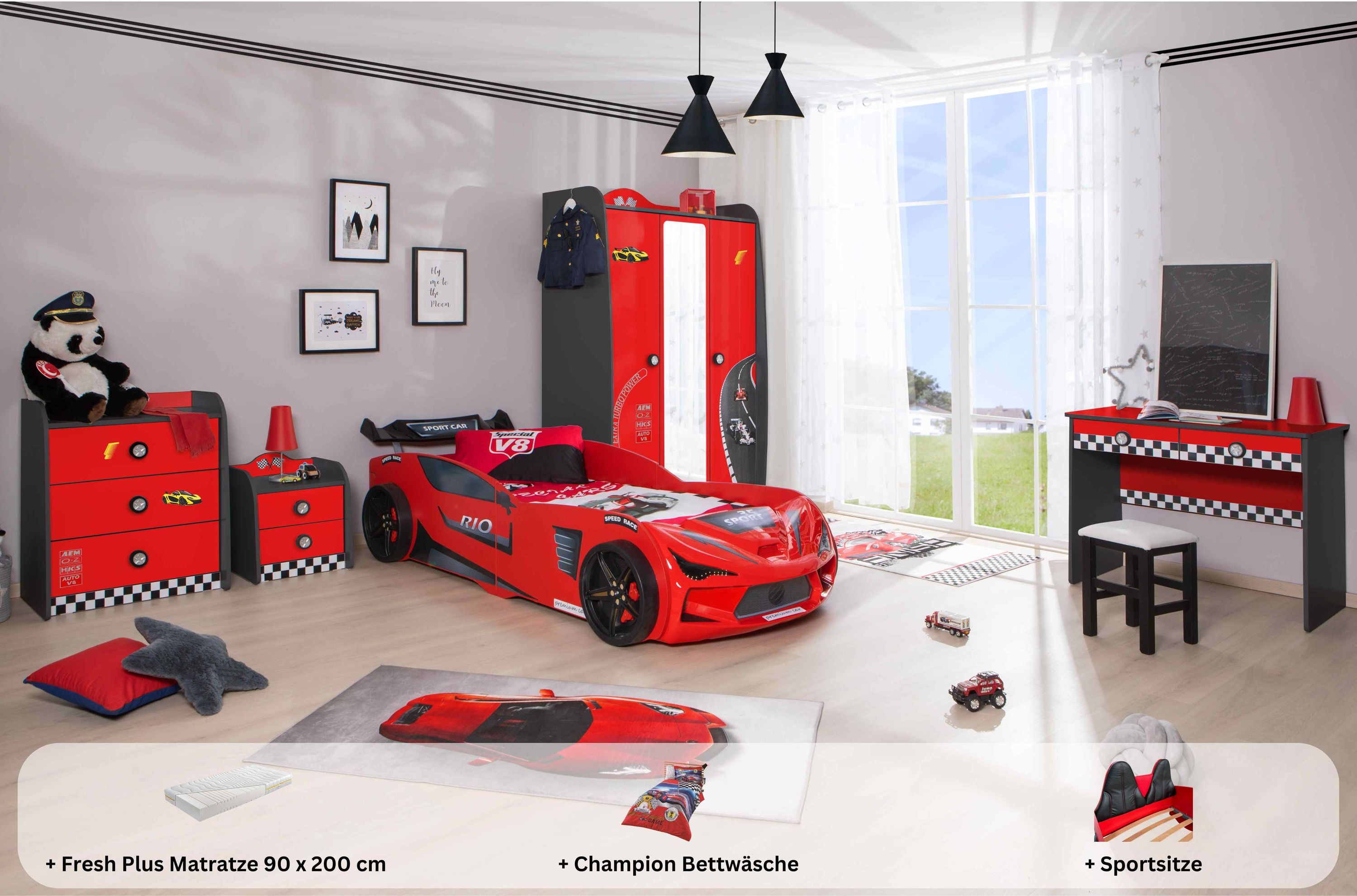 Kinderzimmer komplett Set Autobett Rio 5 teilig Rot - Bild 1