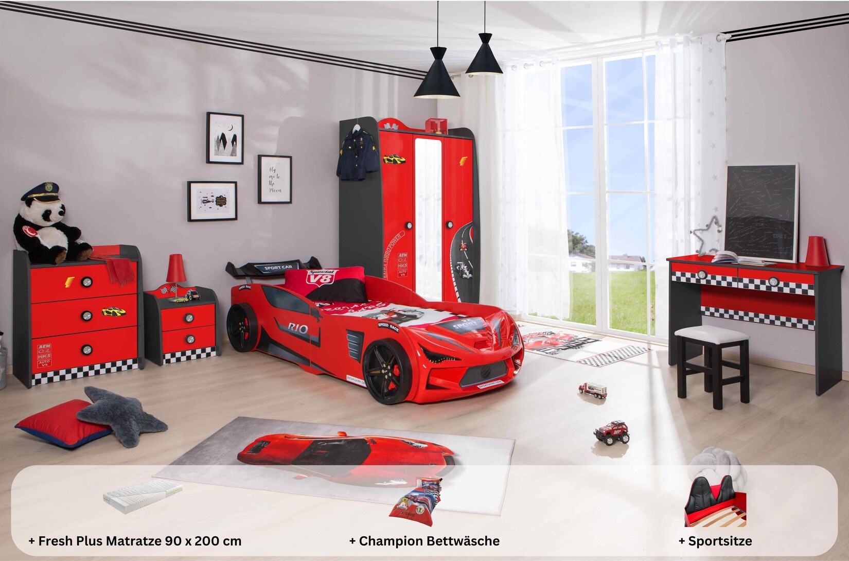 Kinderzimmer komplett Set Autobett Rio 5 teilig Rot