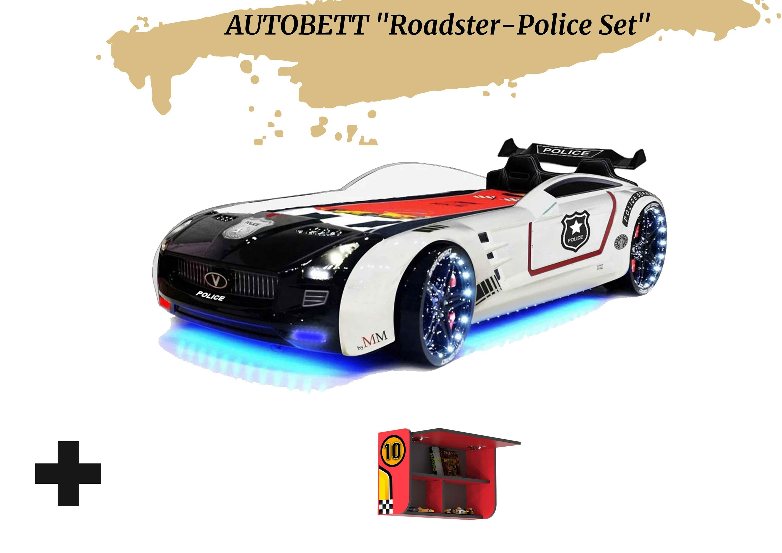 Autobett Kinderbett "Roadster Police" LED Sound Sportsitze Lattenrost Spoiler 90x190 cm - Bild 1