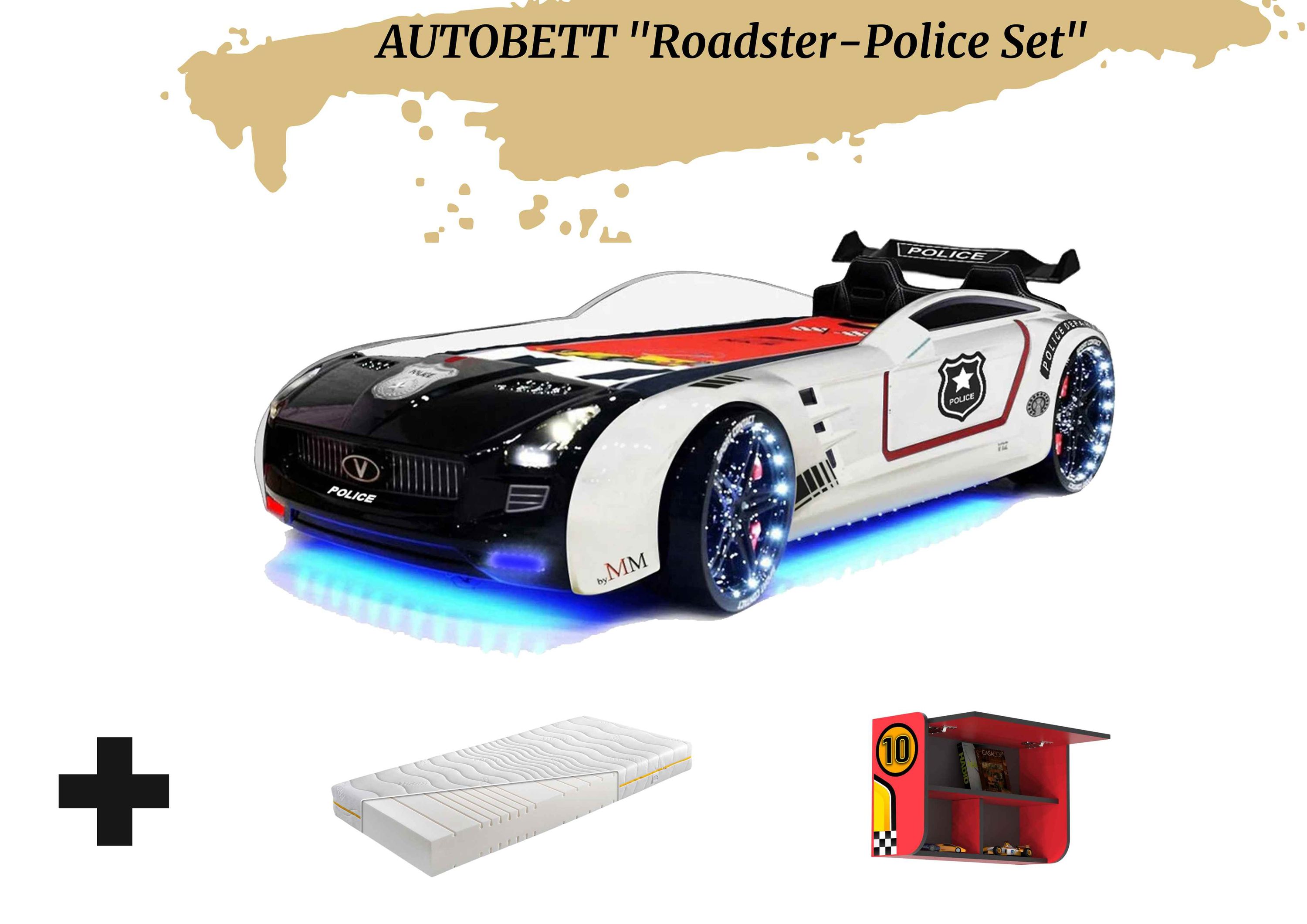 Autobett Kinderbett "Roadster Police" LED Sound Sportsitze Lattenrost Spoiler 90x190 cm - Bild 1