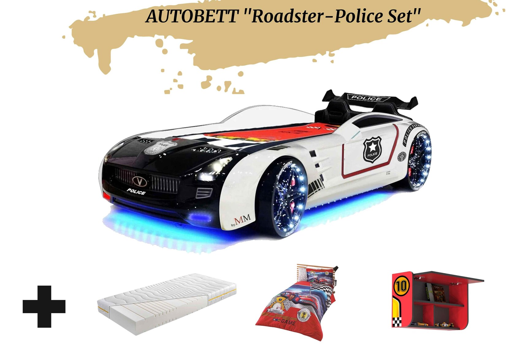 Autobett Kinderbett "Roadster Police" LED Sound Sportsitze Lattenrost Spoiler 90x190 cm