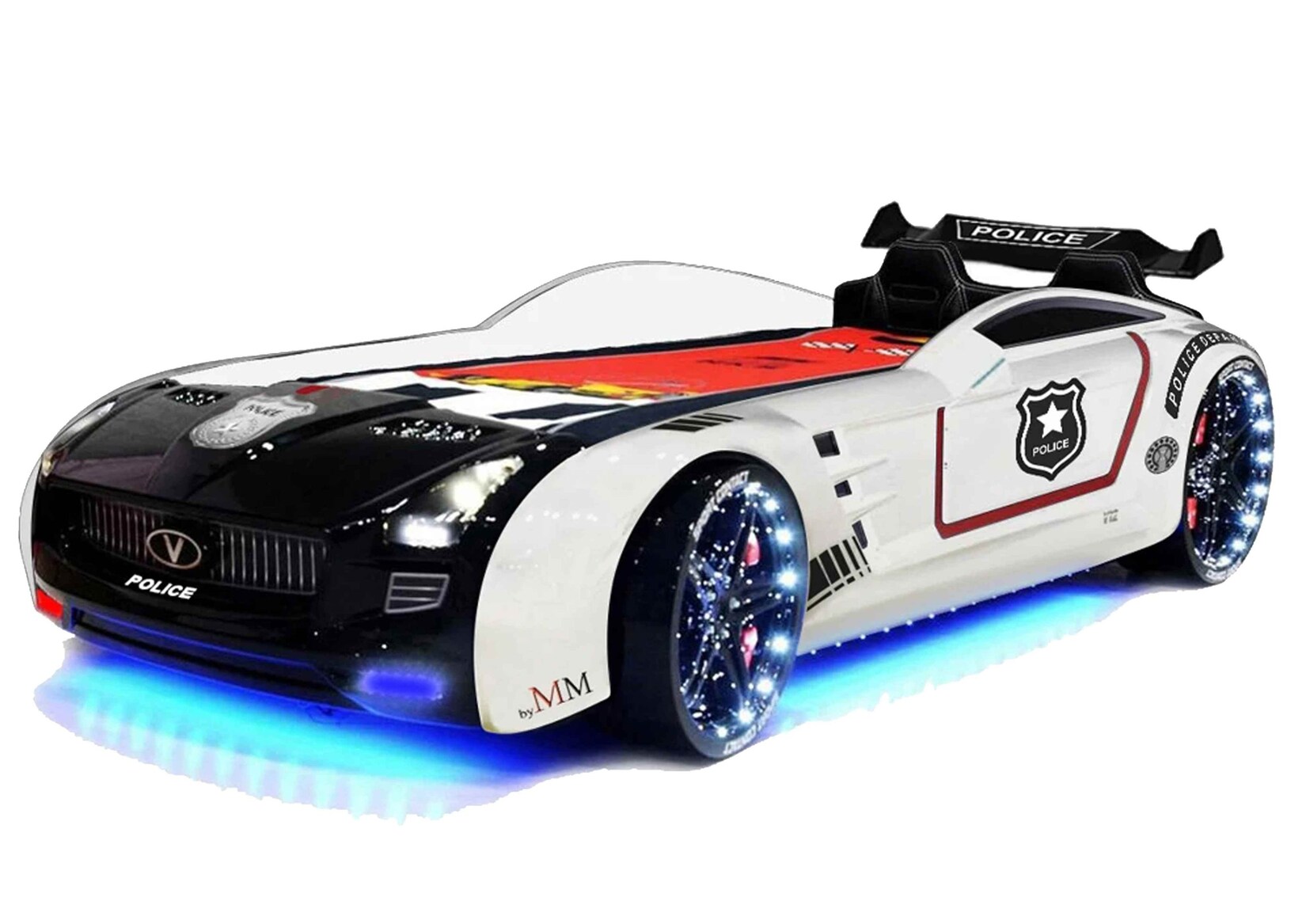Autobett Kinderbett "Roadster Police" LED Sound Sportsitze Lattenrost Spoiler 90x190 cm