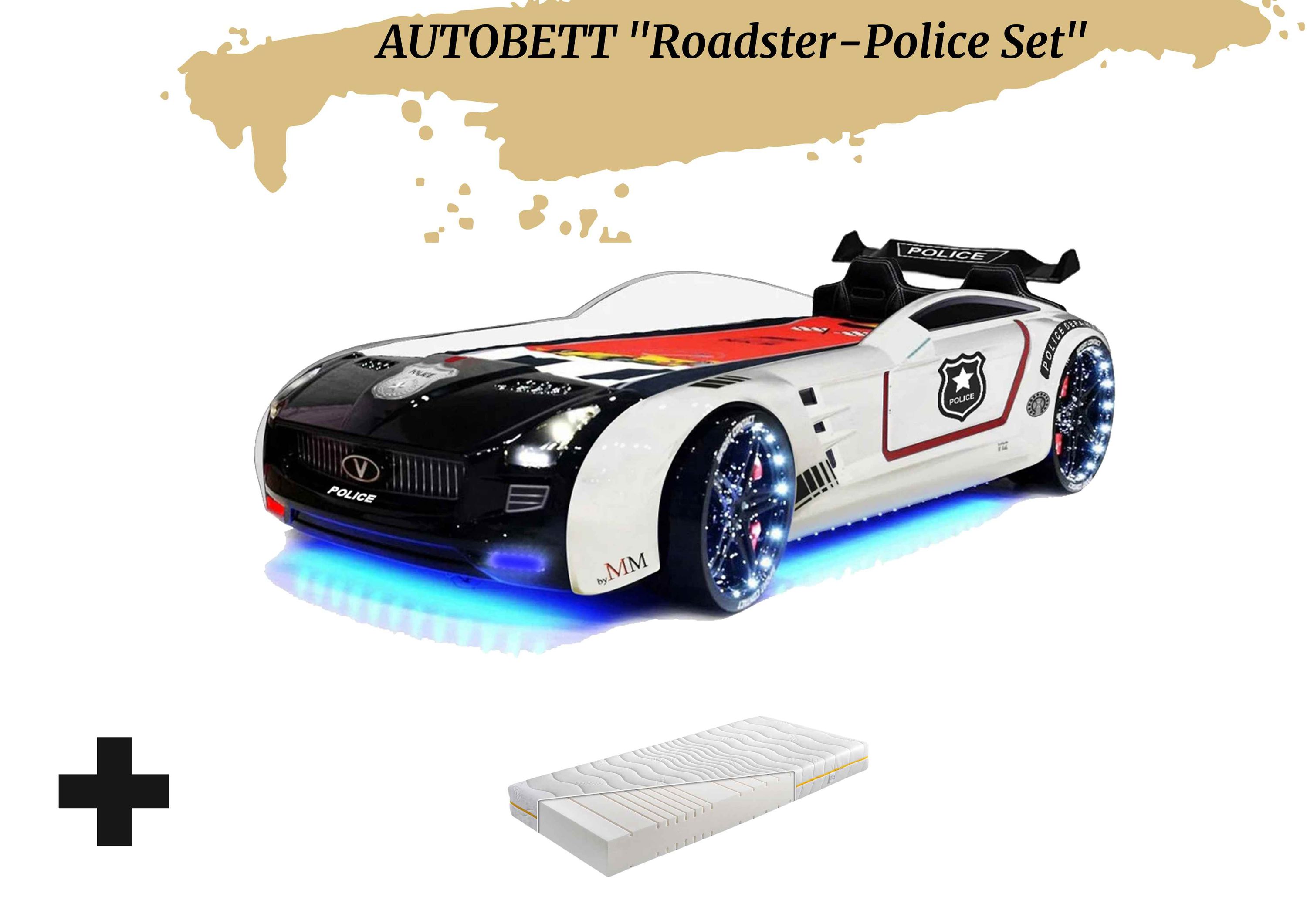 Autobett Kinderbett "Roadster Police" LED Sound Sportsitze Lattenrost Spoiler 90x190 cm - Bild 1