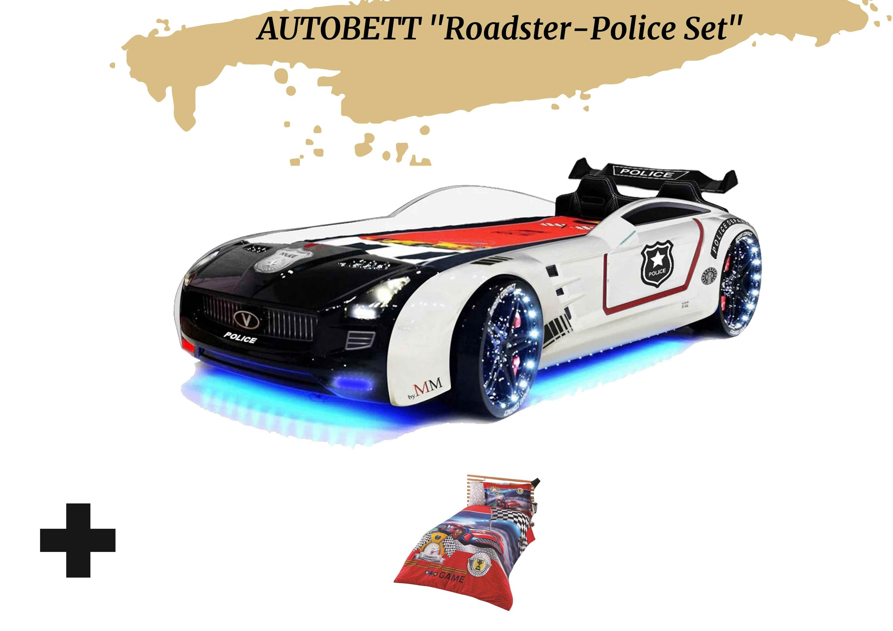 Autobett Kinderbett "Roadster Police" LED Sound Sportsitze Lattenrost Spoiler 90x190 cm - Bild 1