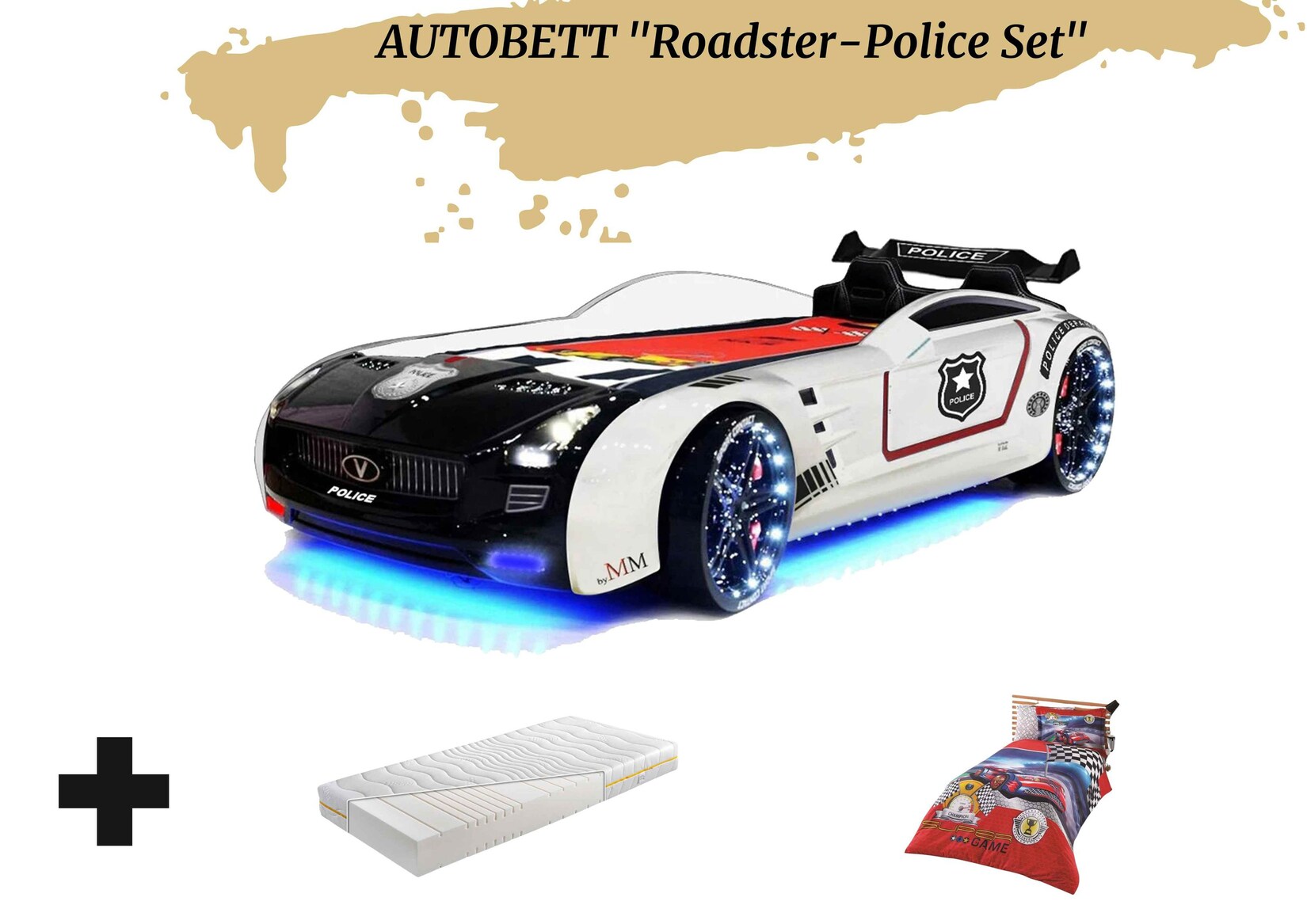 Autobett Kinderbett "Roadster Police" LED Sound Sportsitze Lattenrost Spoiler 90x190 cm