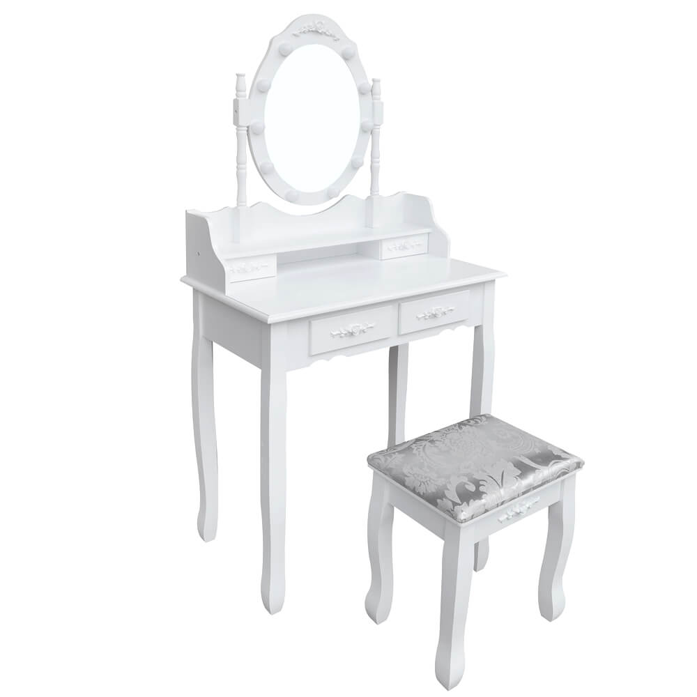Schminktisch Wei&szlig; RUSTIKA mit Spiegel Hocker LED Beleuchtung Schubladen - Bild 1
