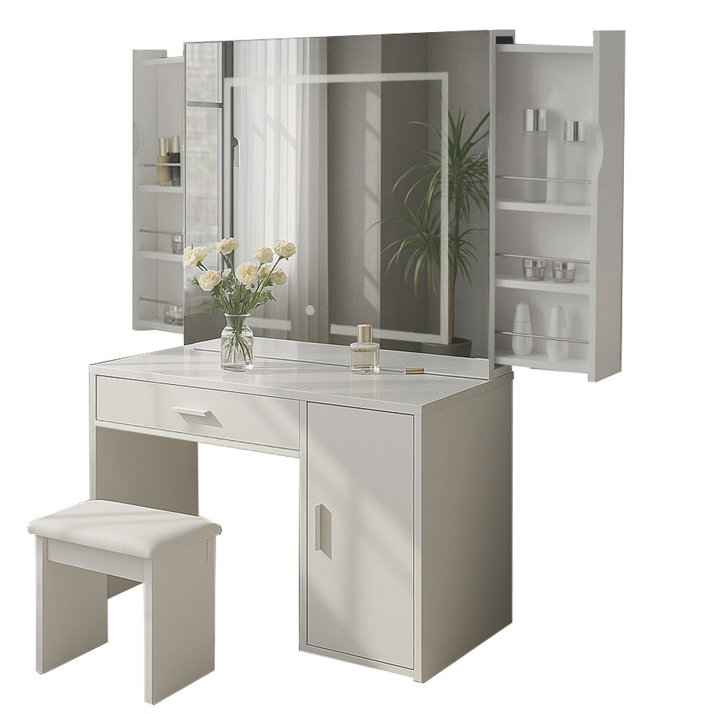 Schminktisch mit Spiegel SLIDE Wei&szlig; mit LED Beleuchtung Schubladen - Bild 1