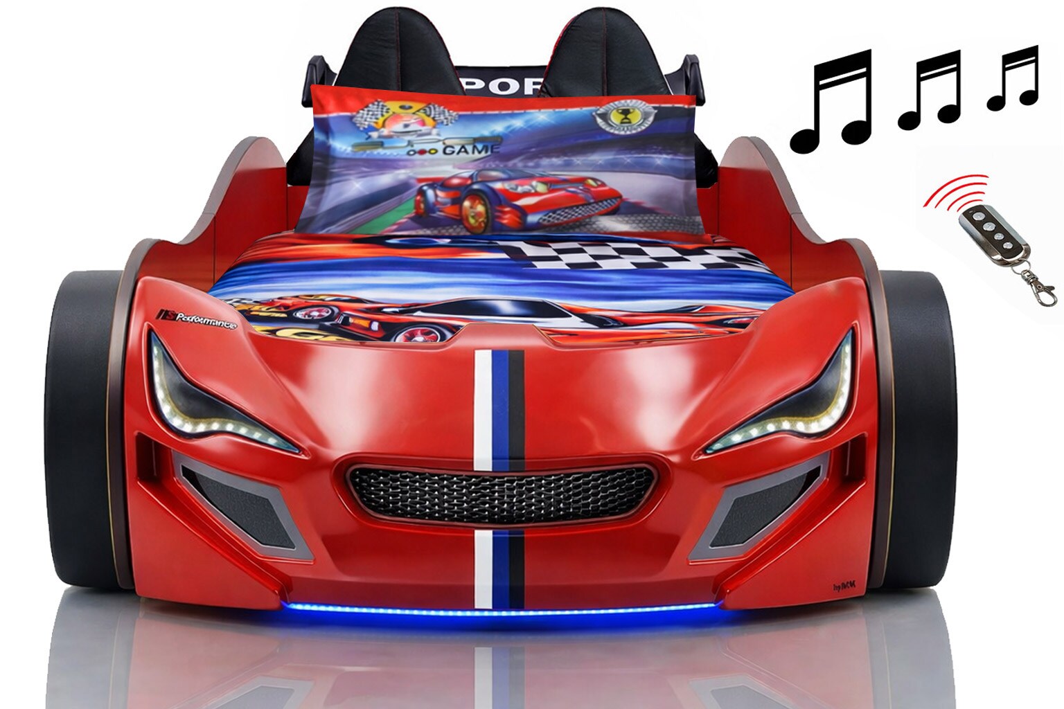 Autobett Kinder 90x200 Jungen LED Leuchte Unterbodenbeleuchtung Sound Fernbedienung