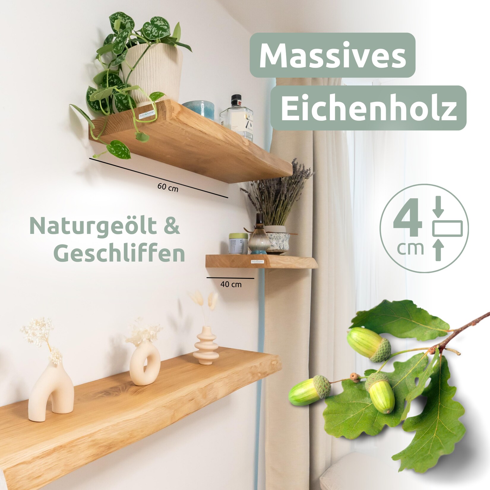 holz4home® Schwebendes Wandregal   120cm / ohne Baumkante | 04260750011909