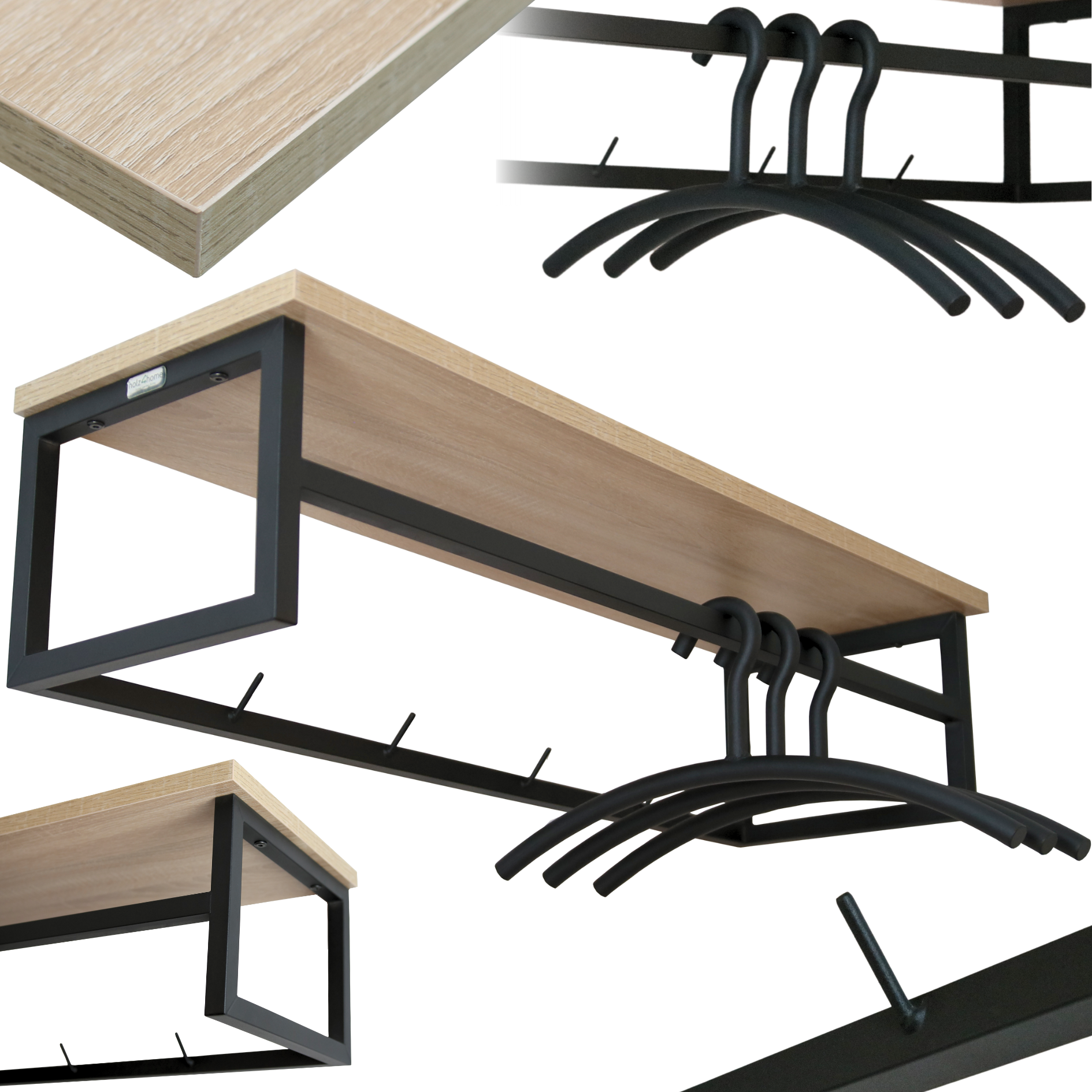 holz4home&reg; Garderobe Sonoma Eiche - inkl. 3 Kleiderb&uuml;gel aus Metall - Schwarz - Bild 1