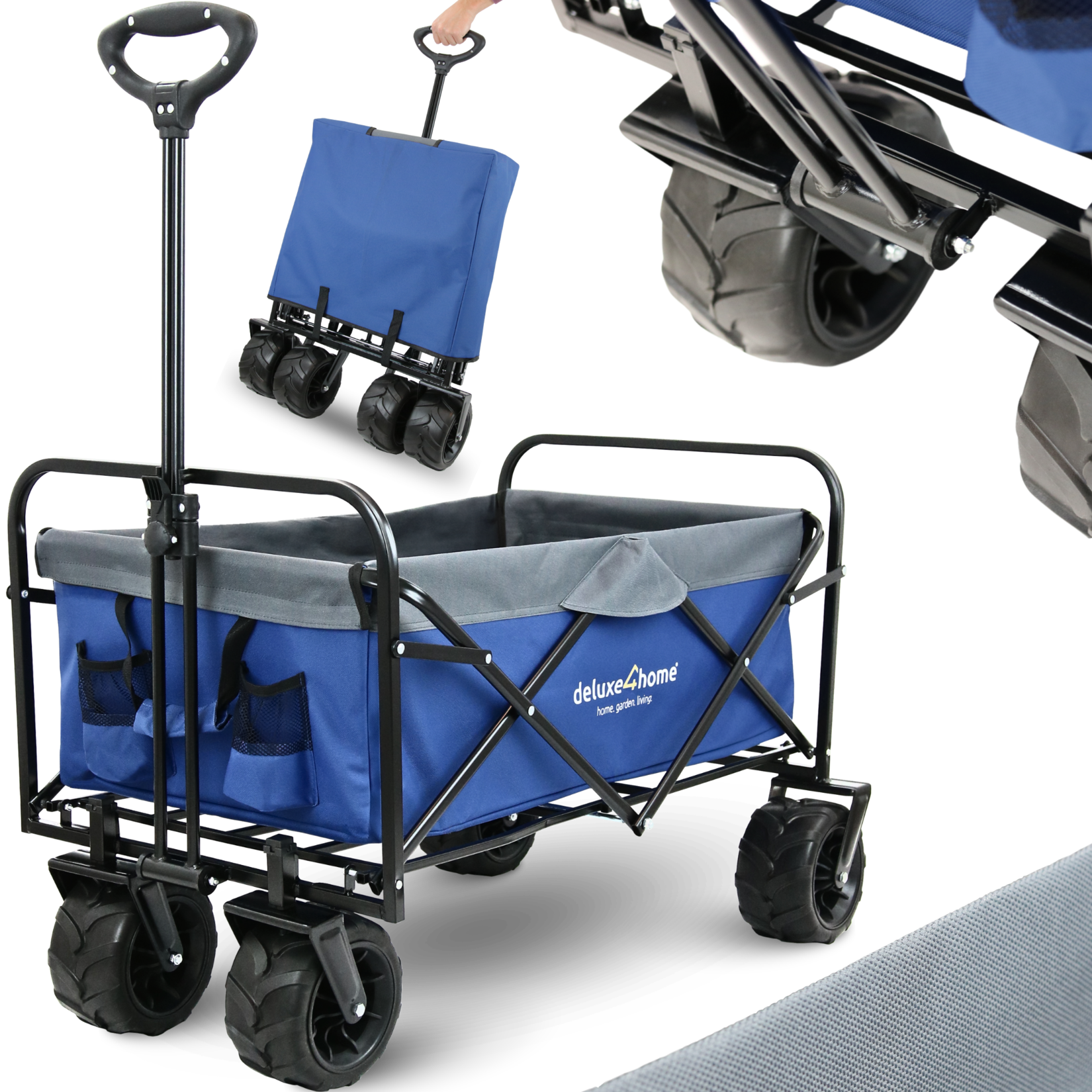 deluxe4home® Bollerwagen mit breiten Reifen   Blau/Grau | 04260750012838