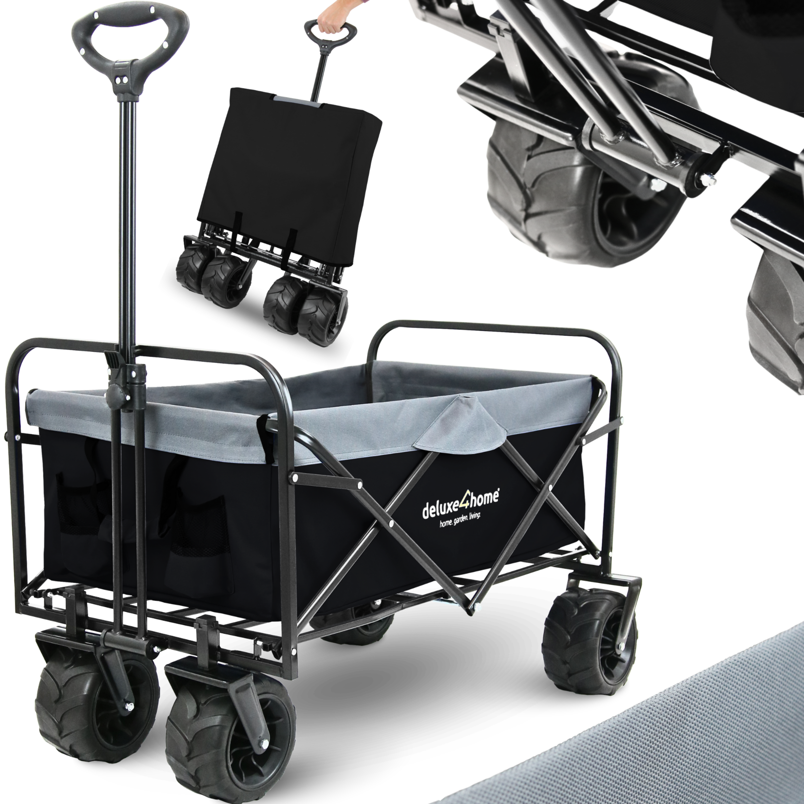 deluxe4home® Bollerwagen mit breiten Reifen   Schwarz/Grau | 04260750012845