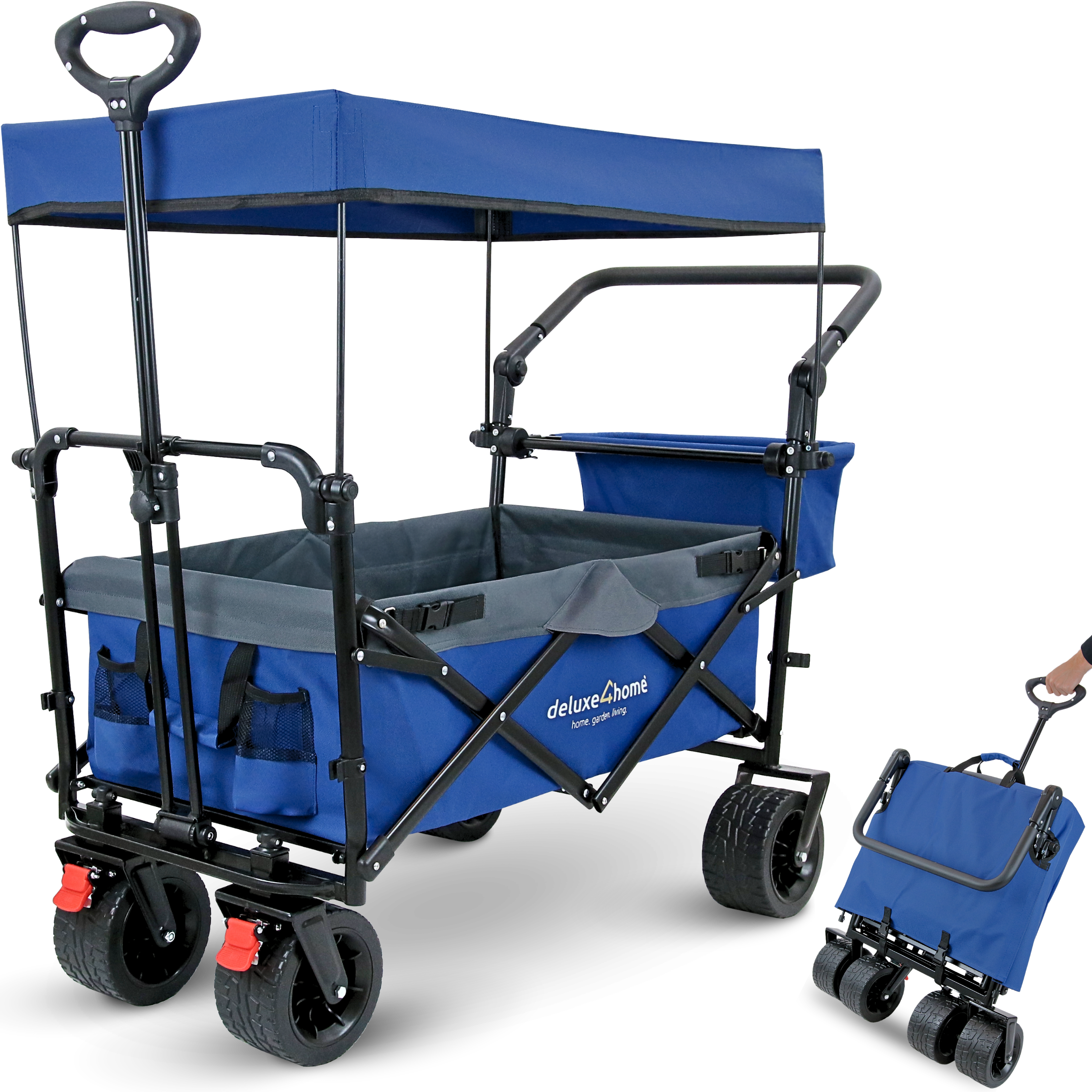 deluxe4home&reg; Bollerwagen faltbar mit Breiten Reifen und Dach | Blau/Grau - Bild 1