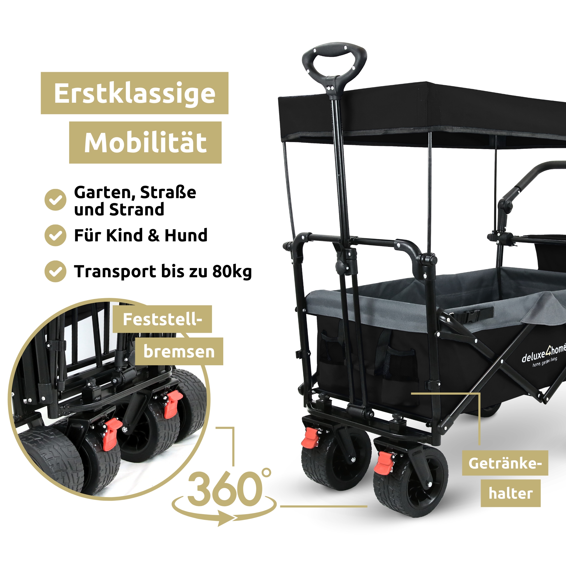 deluxe4home&reg; Bollerwagen faltbar mit Breiten Reifen und Dach | Schwarz/Grau - Bild 1