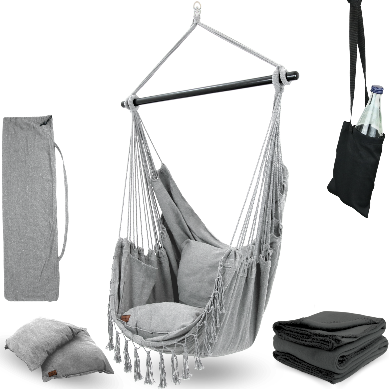 deluxe4home® Hängesessel mit 2 Kissen, Bücherfach und Kuscheldecke   Hellgrau | 04260750012890