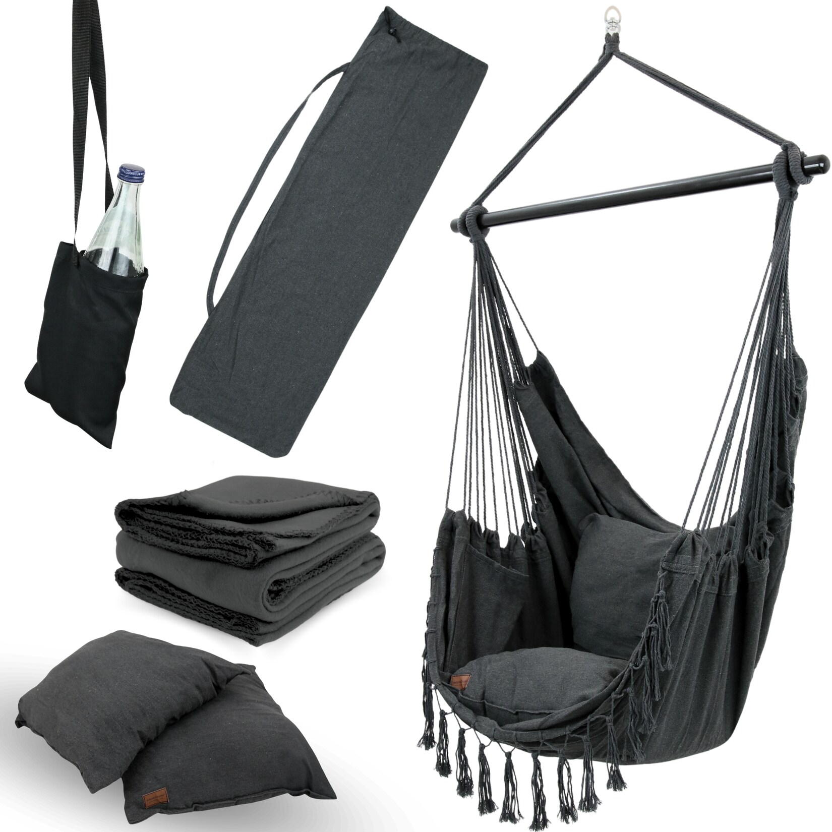 deluxe4home® Hängesessel mit 2 Kissen, Bücherfach und Kuscheldecke   Anthrazit | 04260750012906