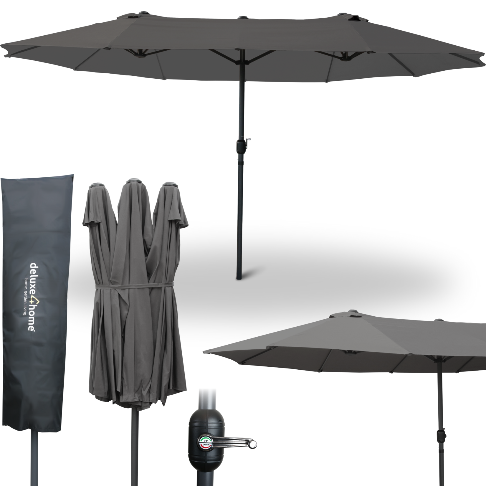 deluxe4home® XXL Doppelsonnenschirm 450cm x 260cm mit Handkurbel   Anthrazit | 04260750013989