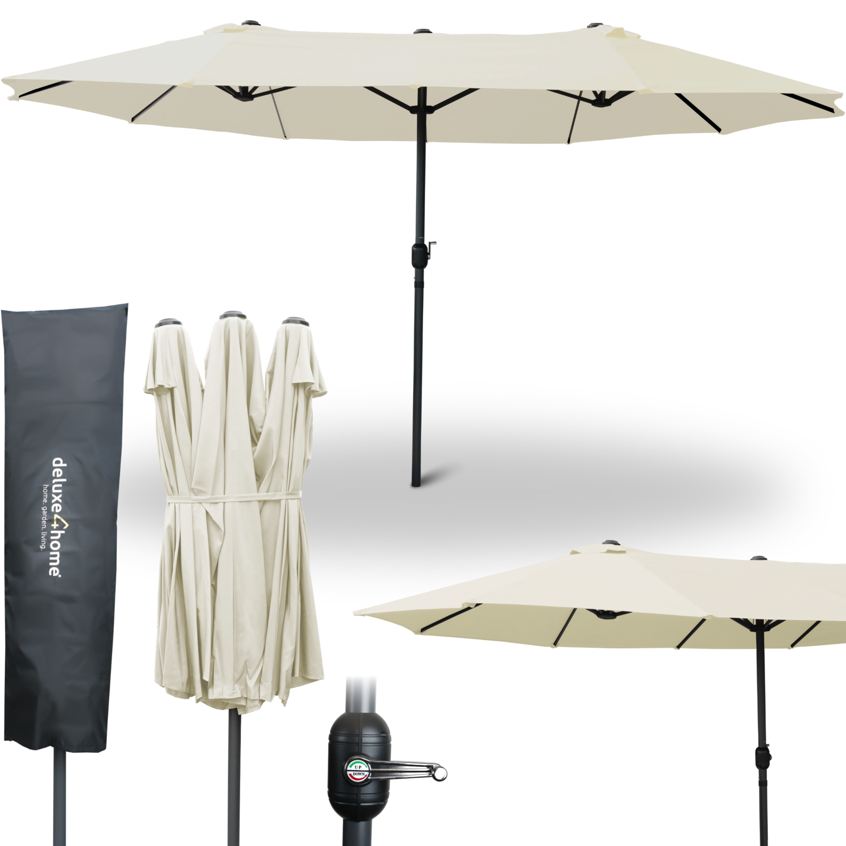 deluxe4home® XXL Doppelsonnenschirm 450cm x 260cm mit Handkurbel   Creme | 04260750013996