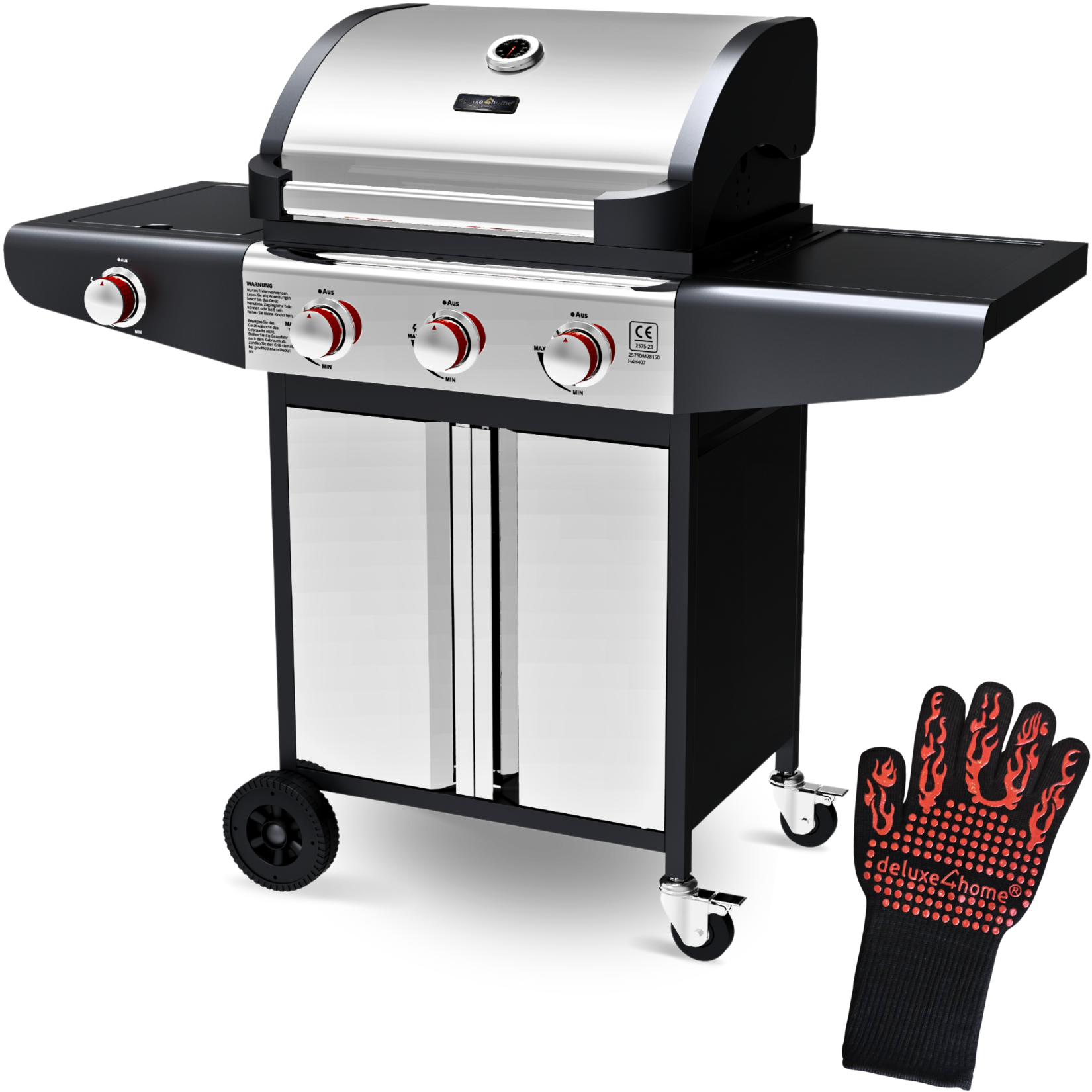deluxe4home® Grillwagen Gasgrill mit Deckel, 3 + 1 Seitenbrenner, Thermometer uvm. | 04260750014092